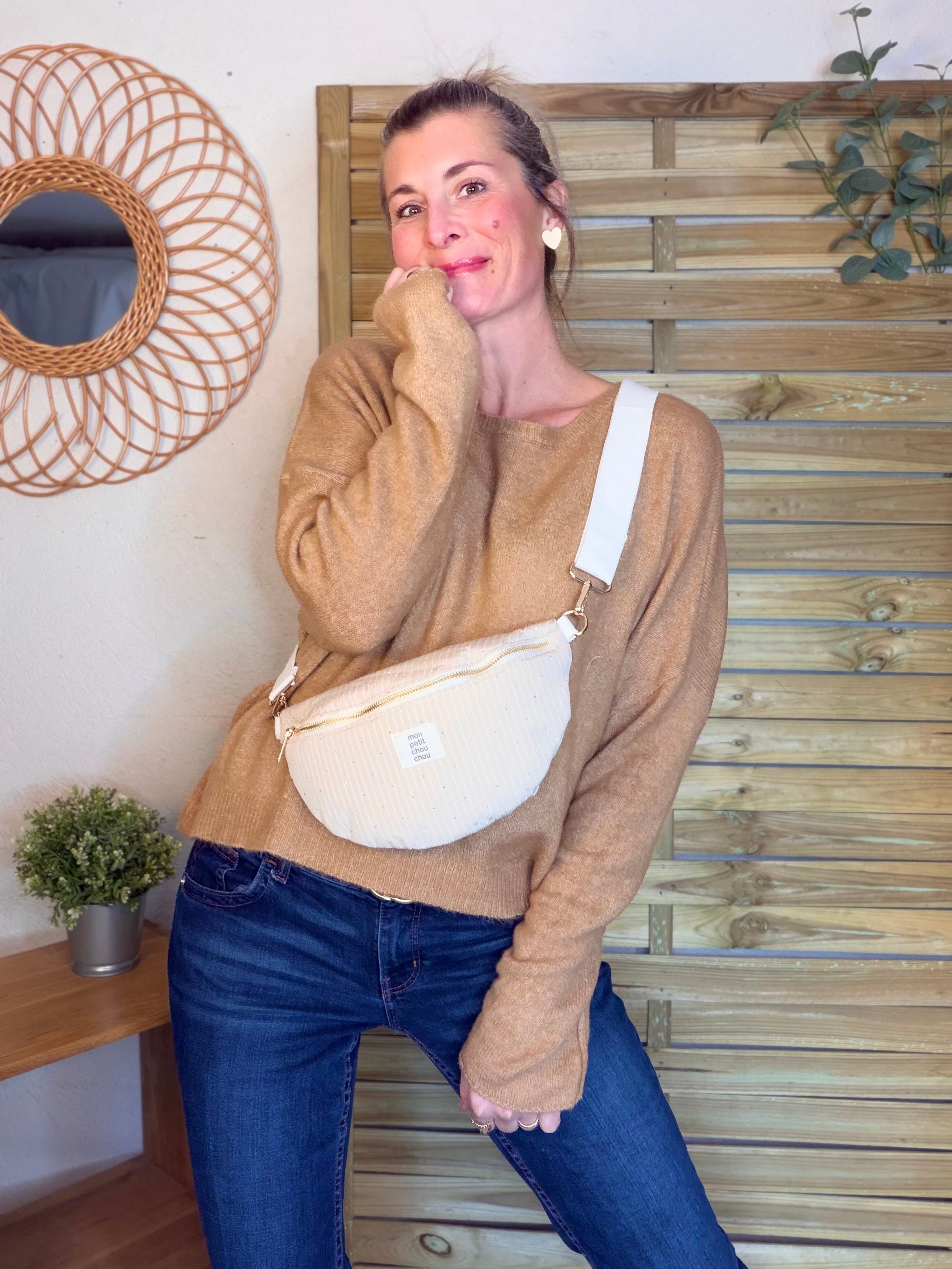 Sac banane avec strass BONNIE - Rayée beige