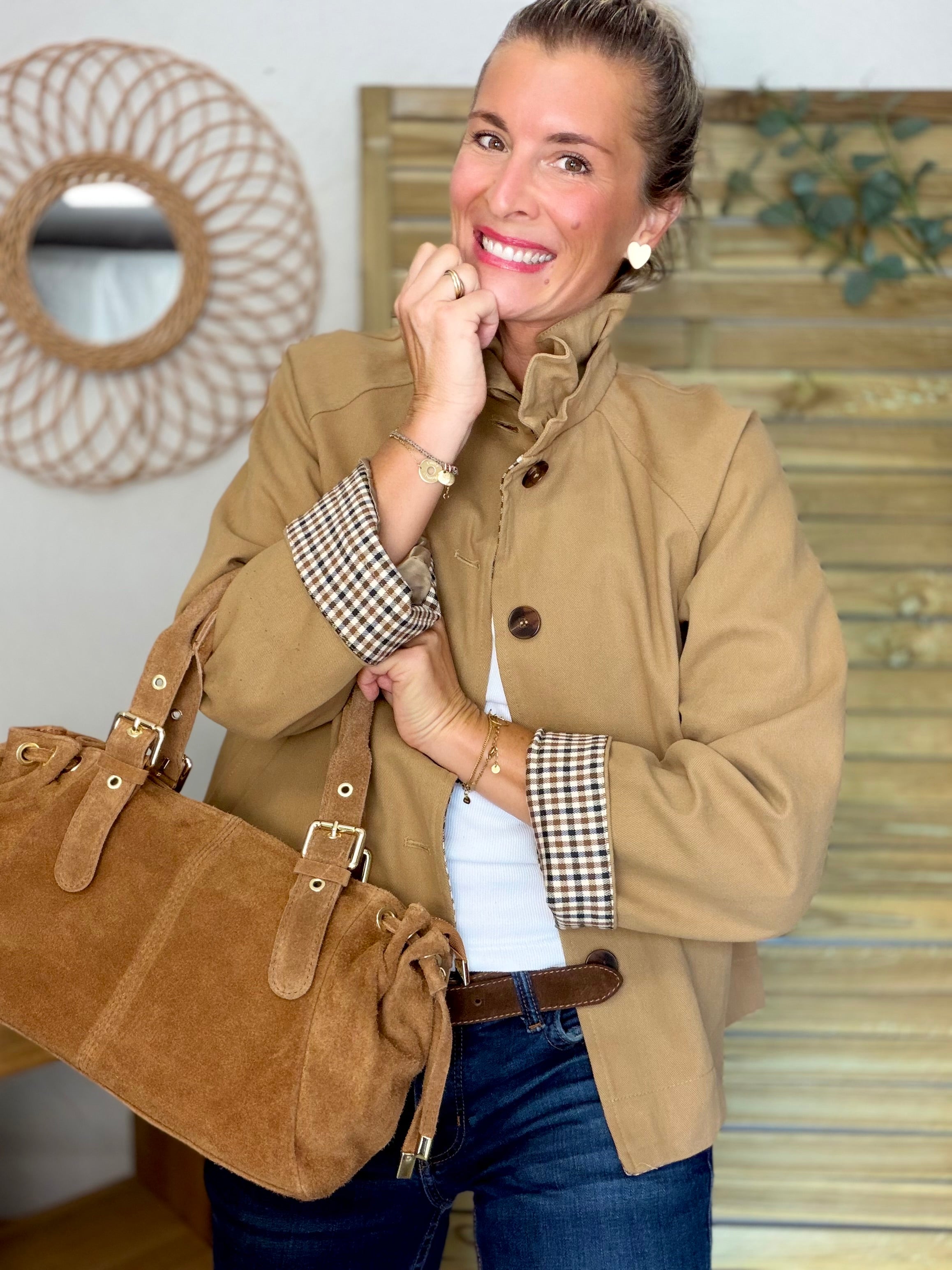 Veste toile coton col victorien avec vichy - GABY