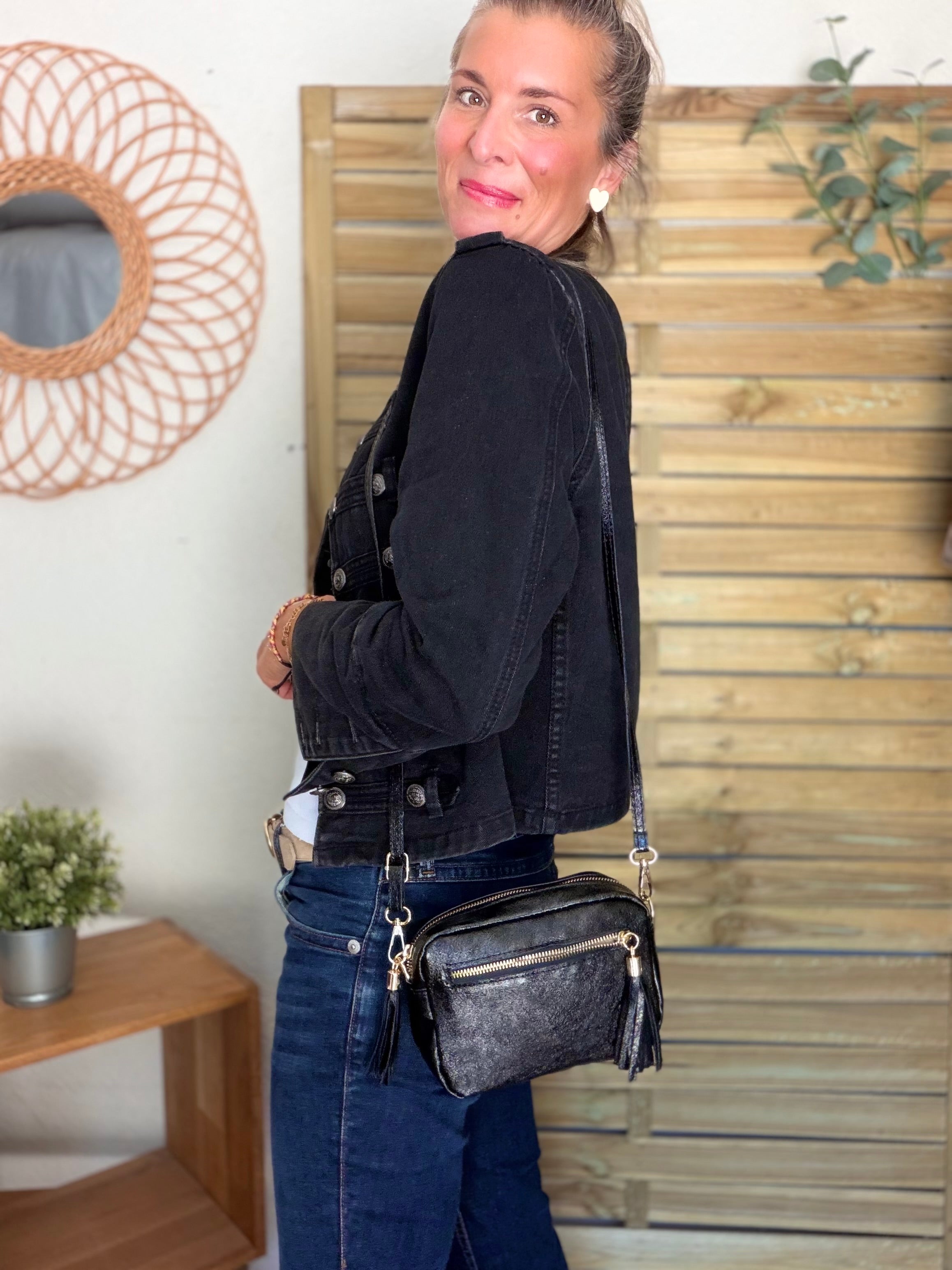 Sac bandoulière en cuir irisé - CHERRY - Noir