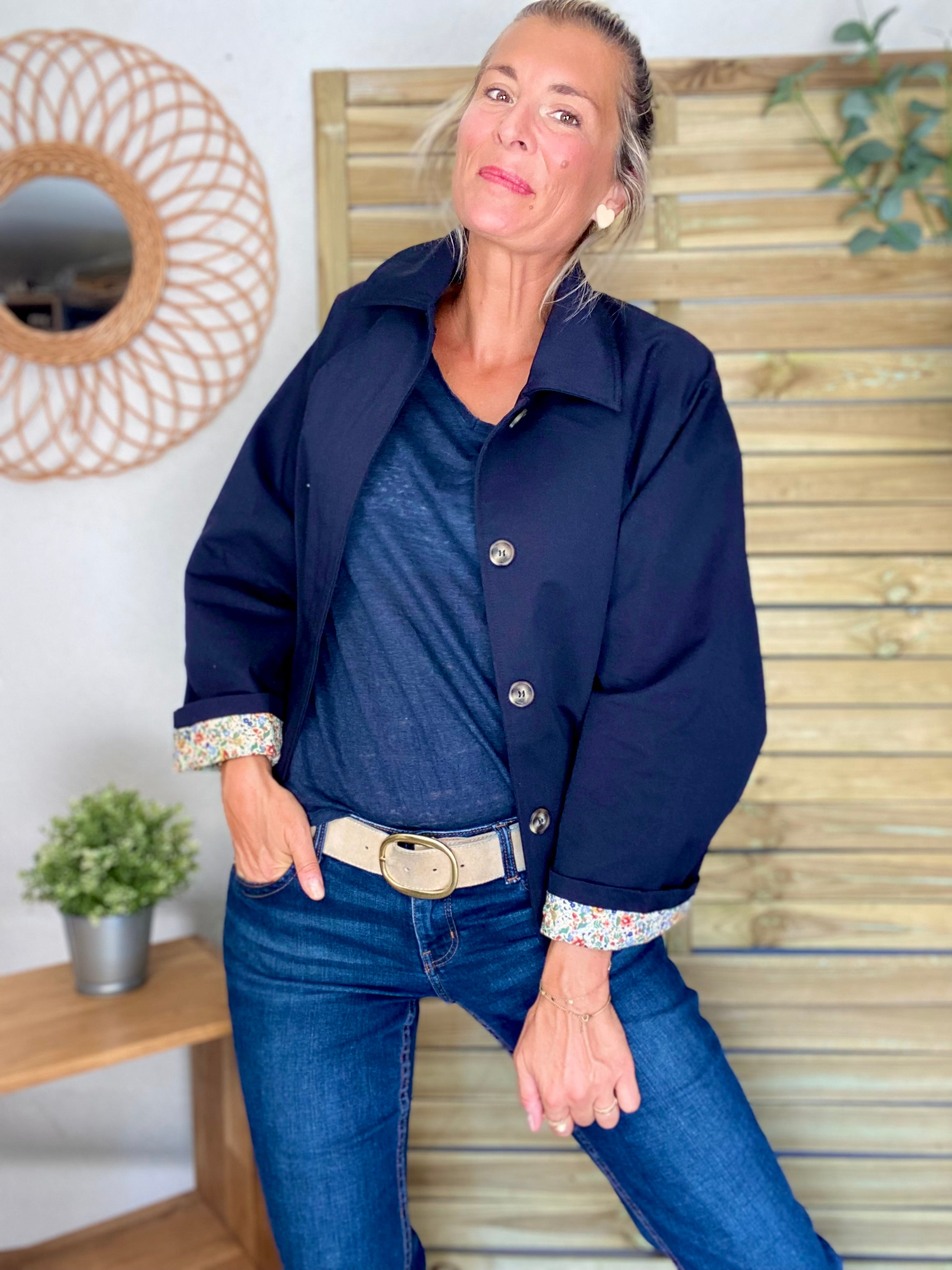 Veste Trench en coton bleu marine avec Liberty - MAHAUT