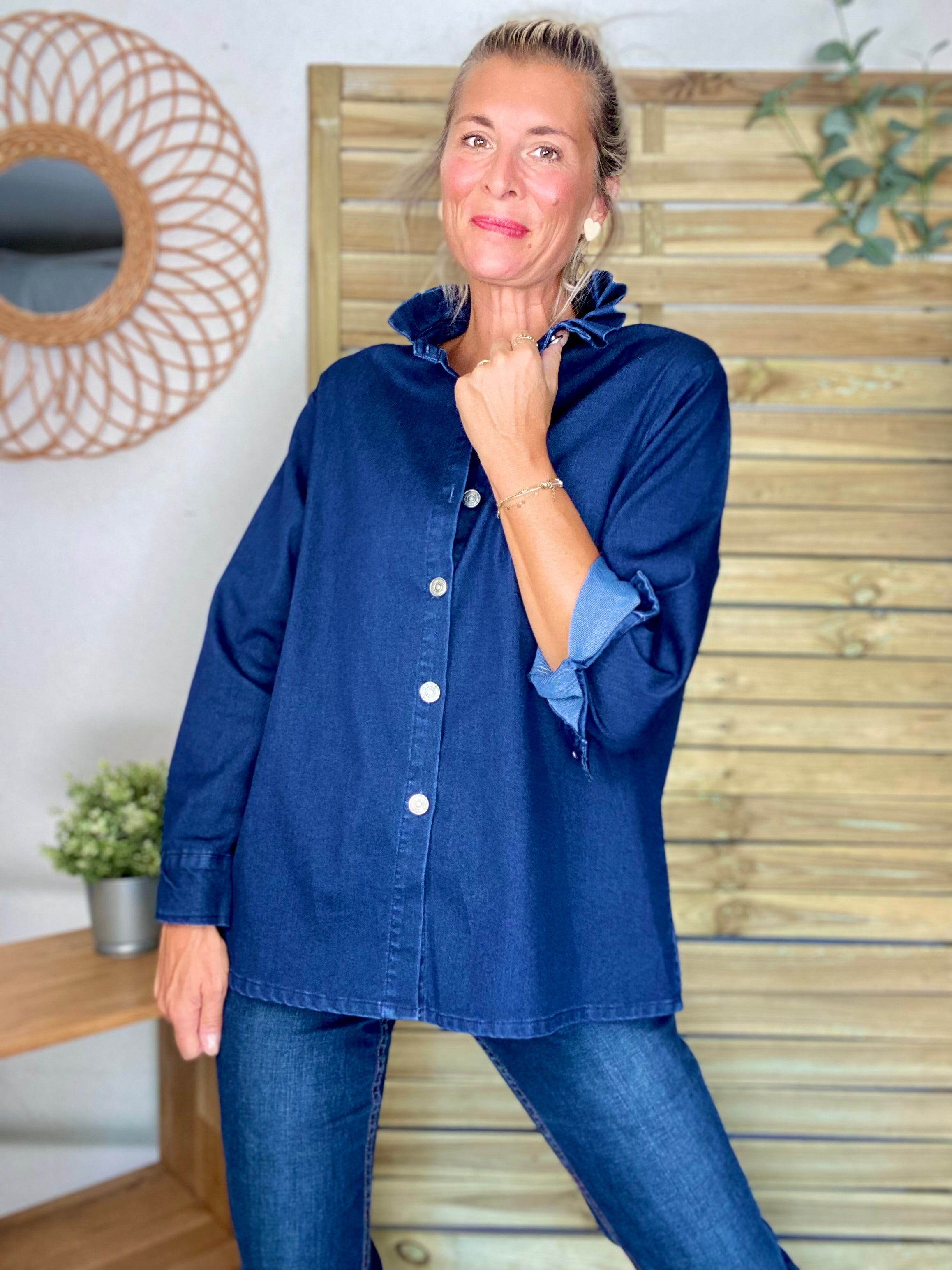 Veste / Chemise en coton, col volanté Bleu Jean LISON