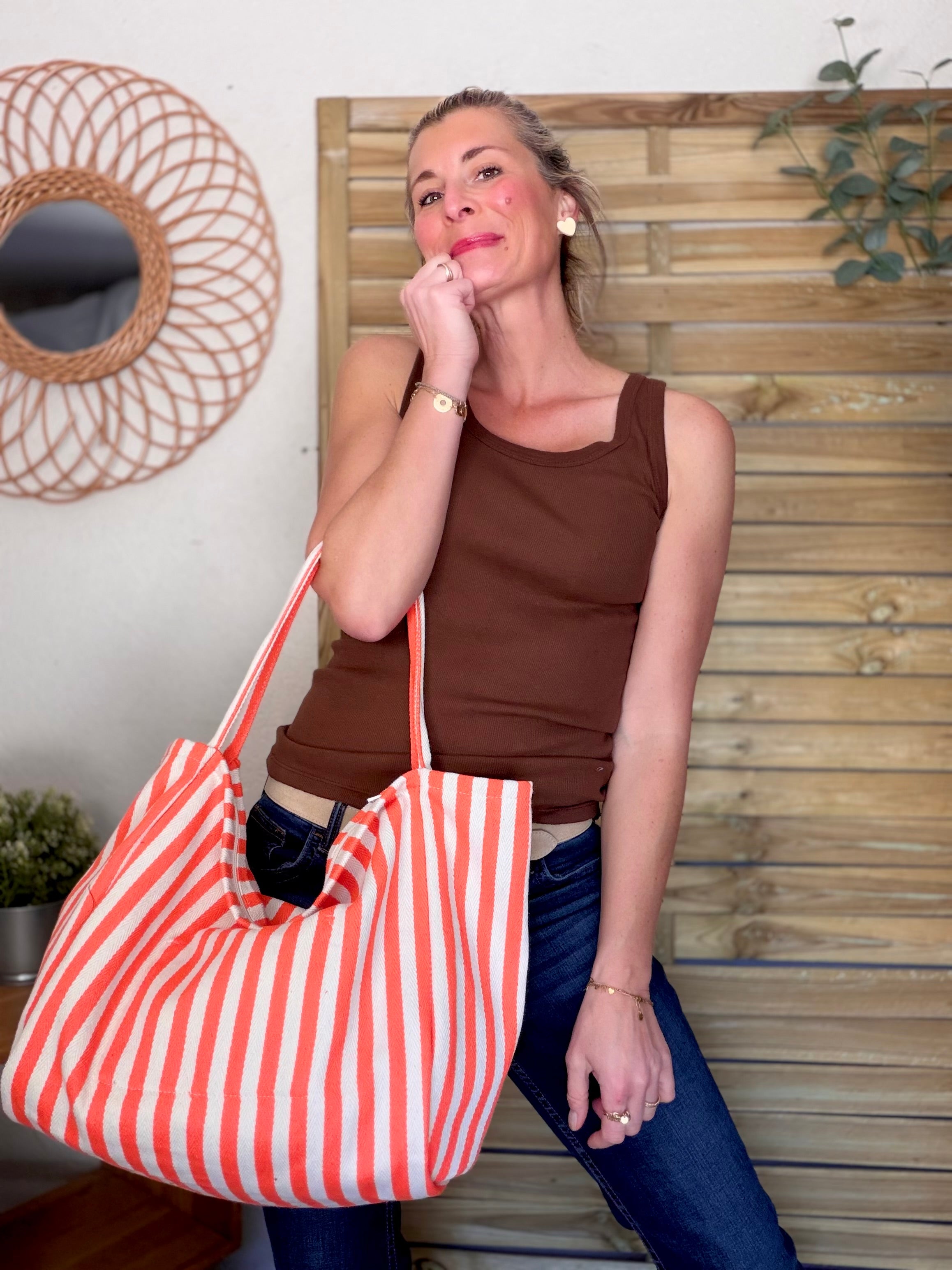 Sac cabas rayé avec fermeture zippée PAULA Orange