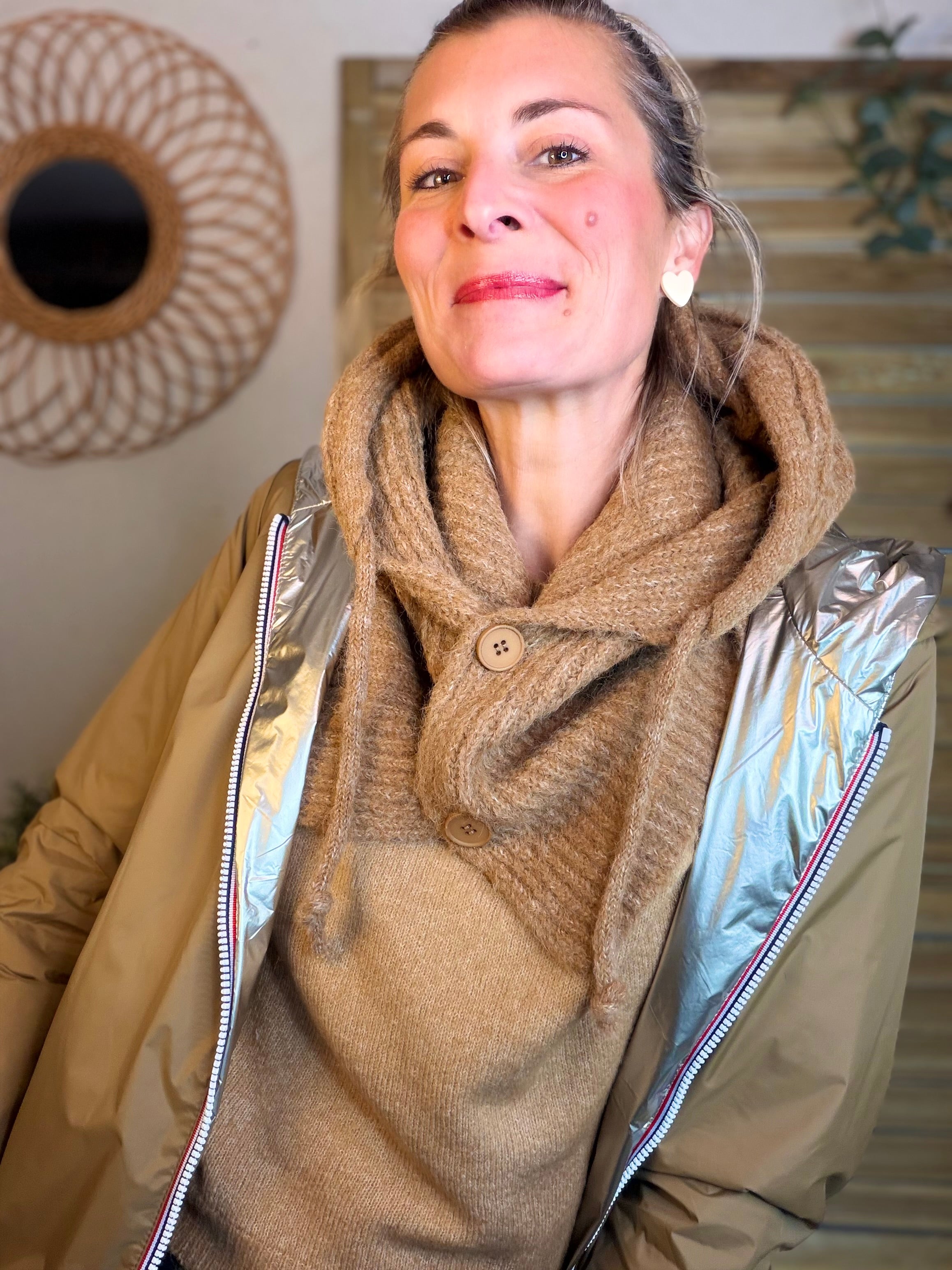 Col cagoule LORIE en maille avec bouton - Camel