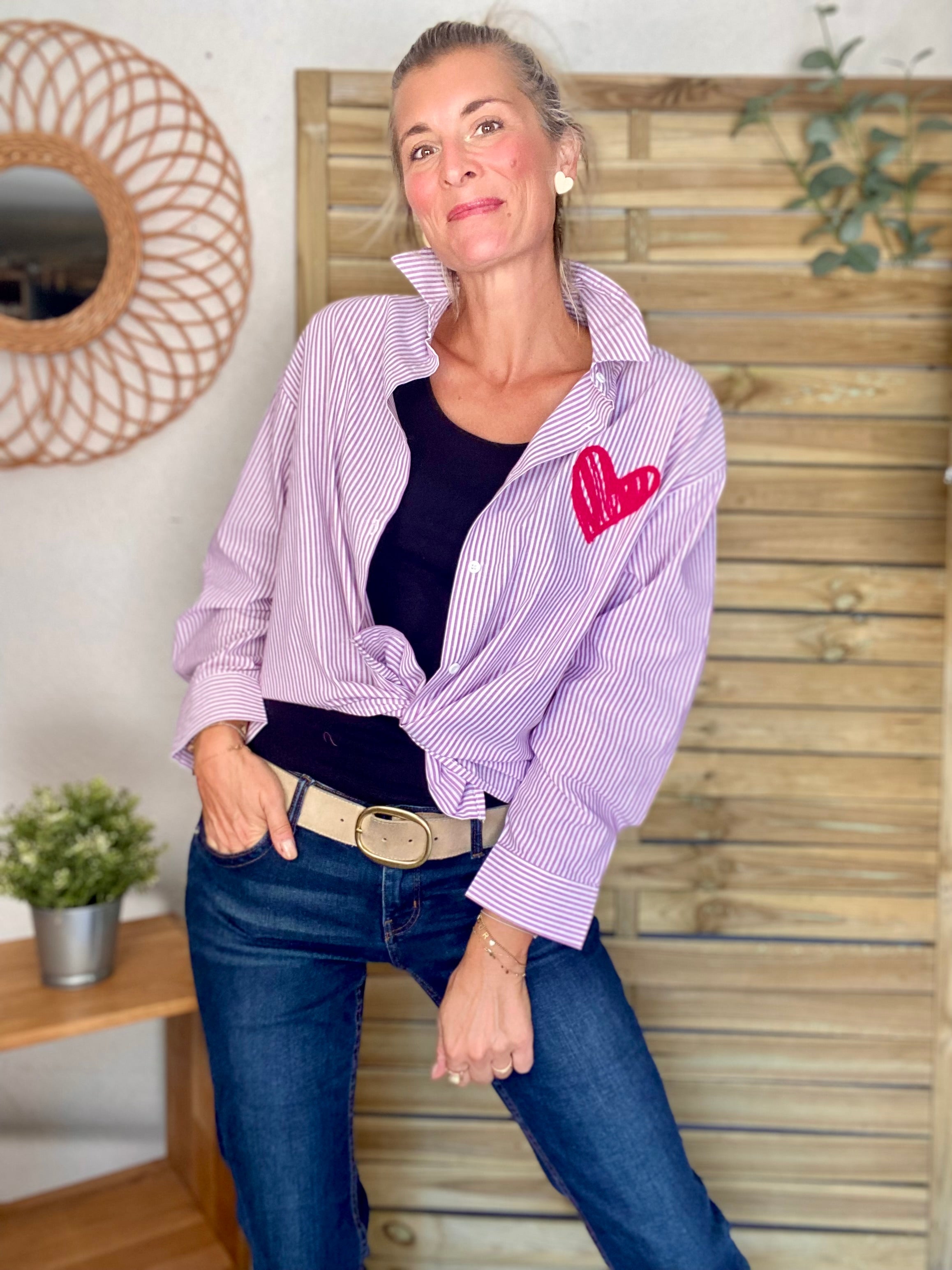 Chemise rayée brodée LOVE multico LANA - Rose cerise