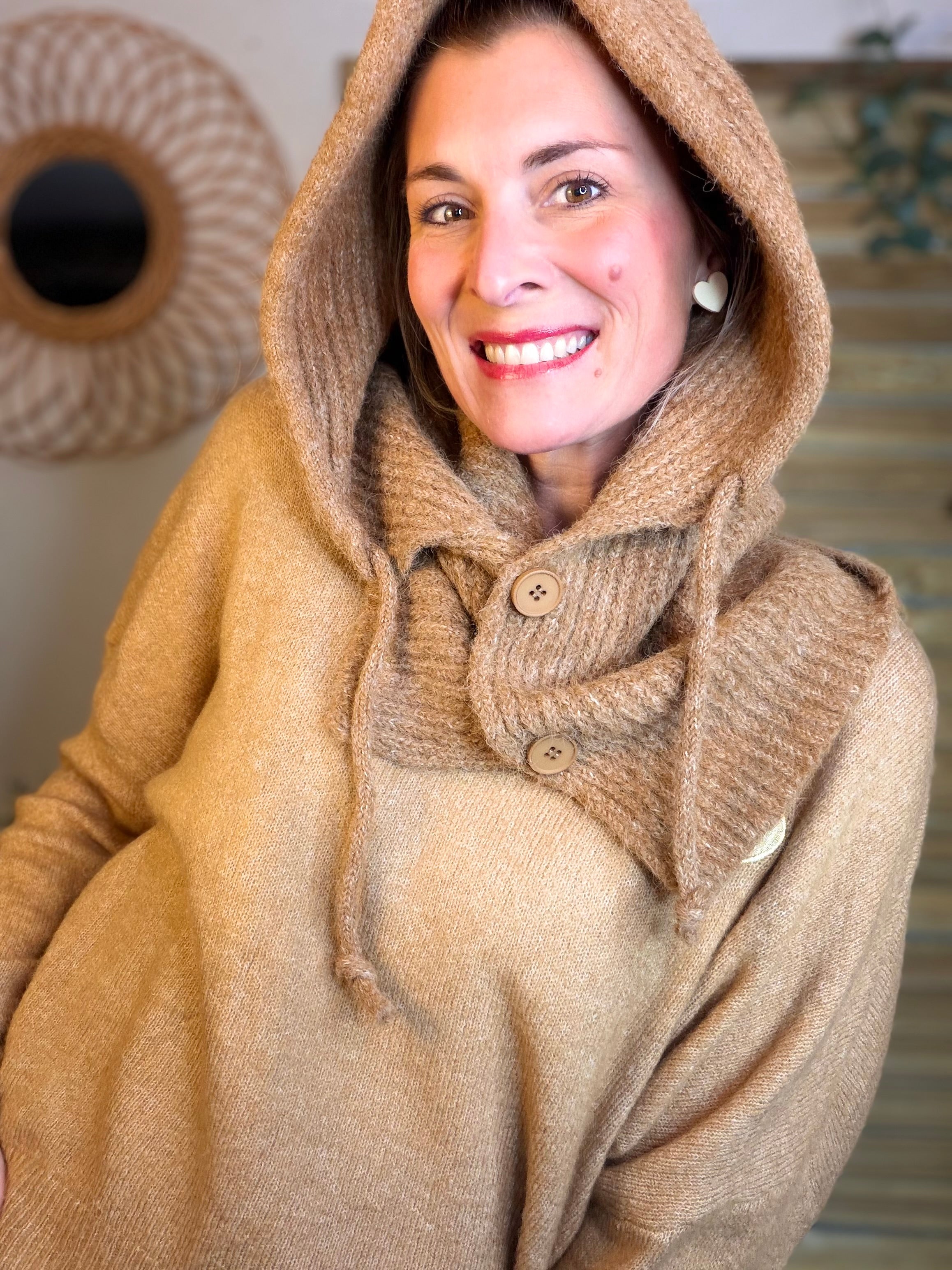 Col cagoule LORIE en maille avec bouton - Camel