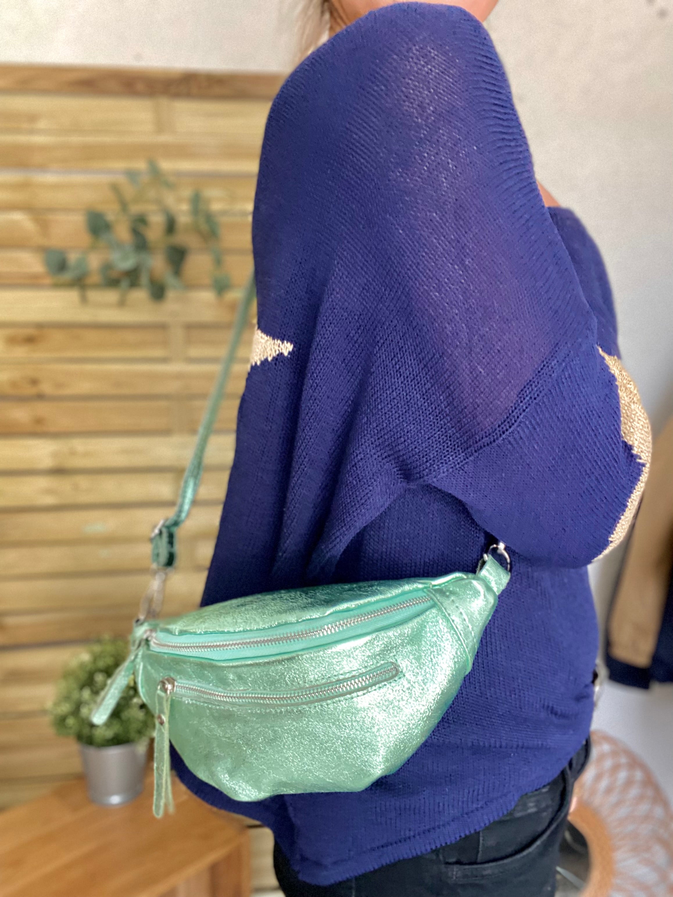 Sac banane en cuir irisé double poche - OPALE  - Vert d’eau