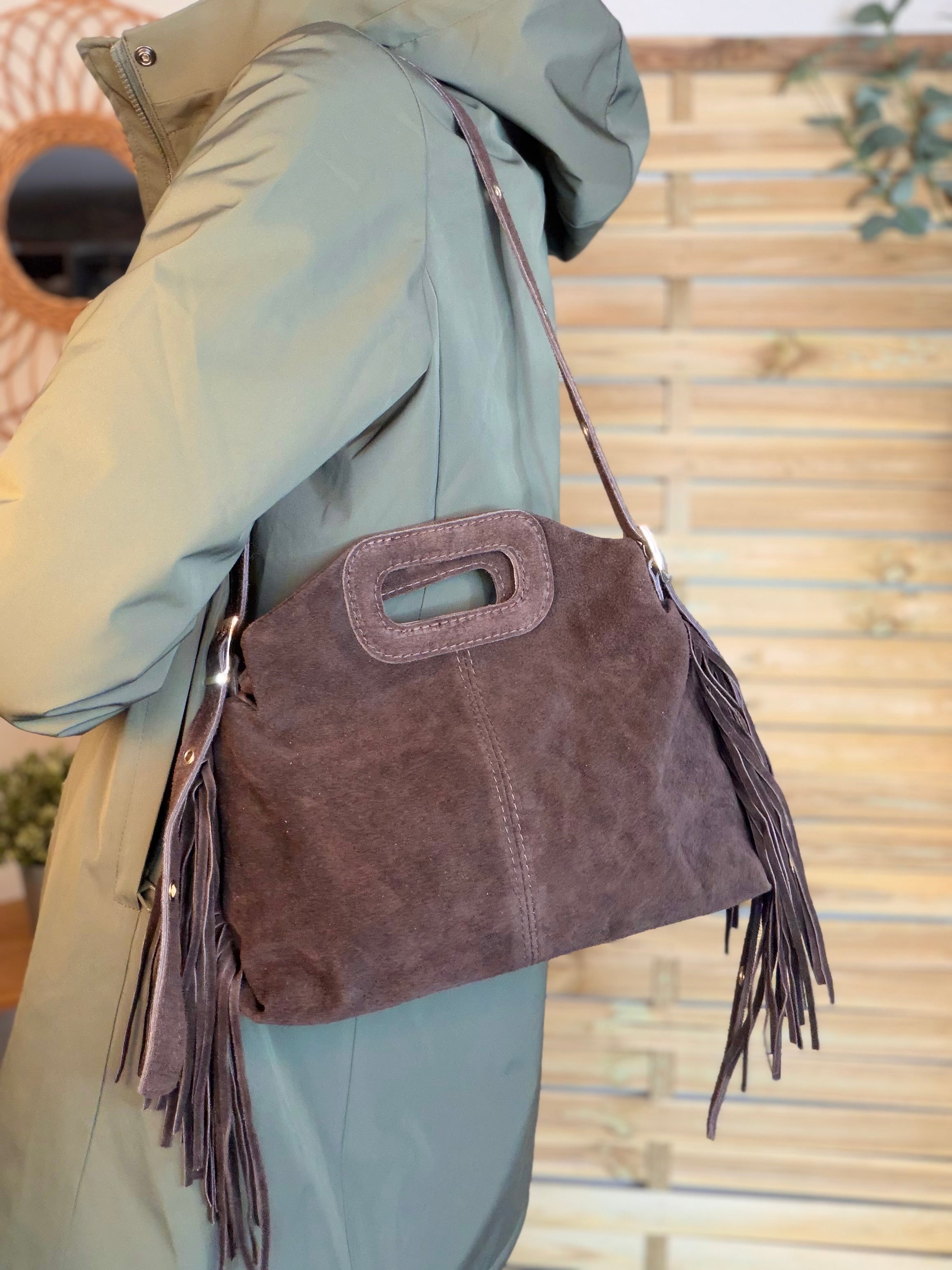 Sac en cuir daim avec franges LOGAN - Chocolat