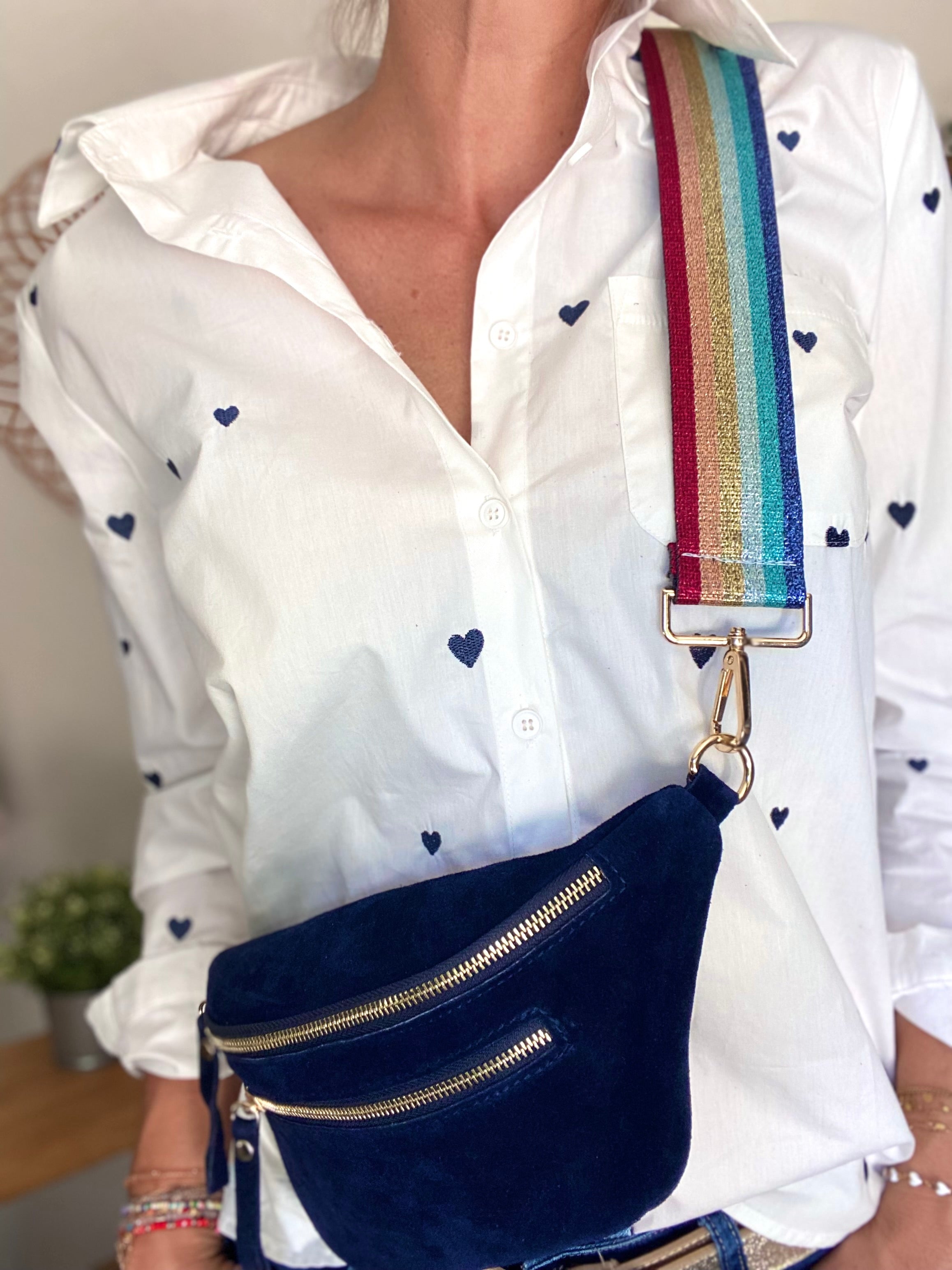 Sac banane avec poche avant, en cuir daim HOLLY - Bleu Marine