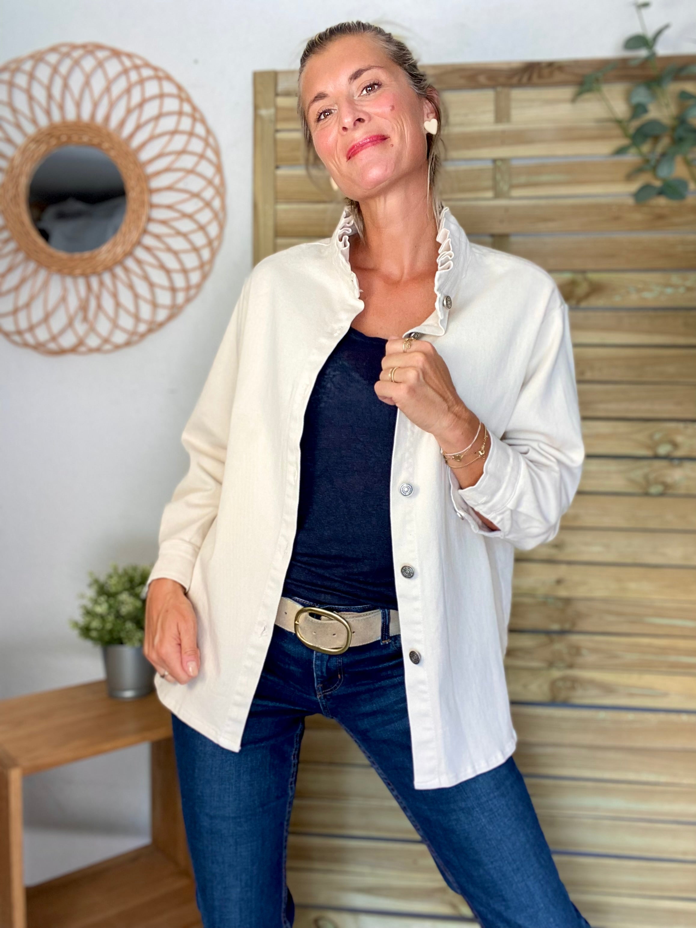 Veste / Chemise en coton, col victorien volanté Beige clair LISON