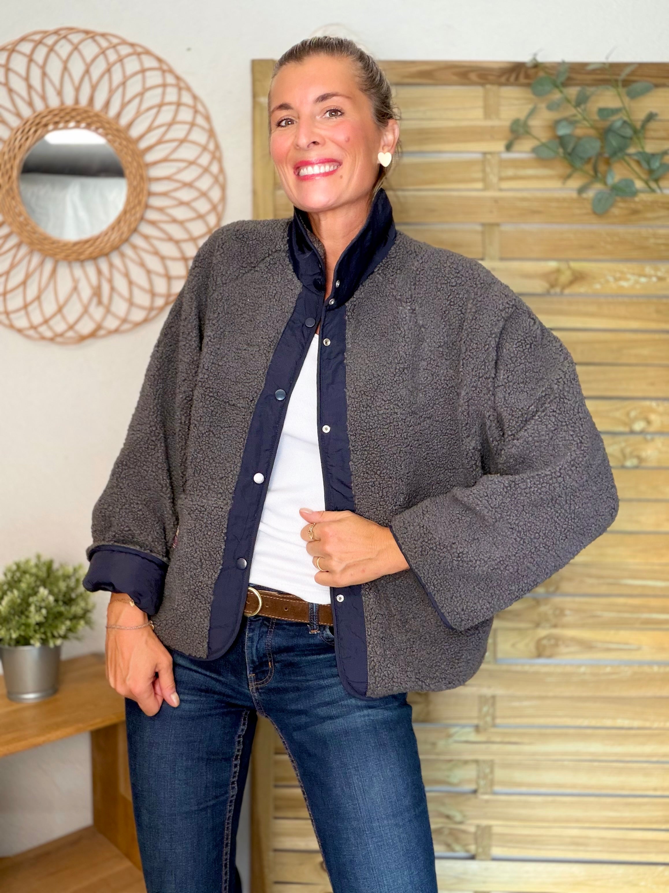 Veste matelassée réversible Sherpa AMÉLIE Bleu marine / Gris