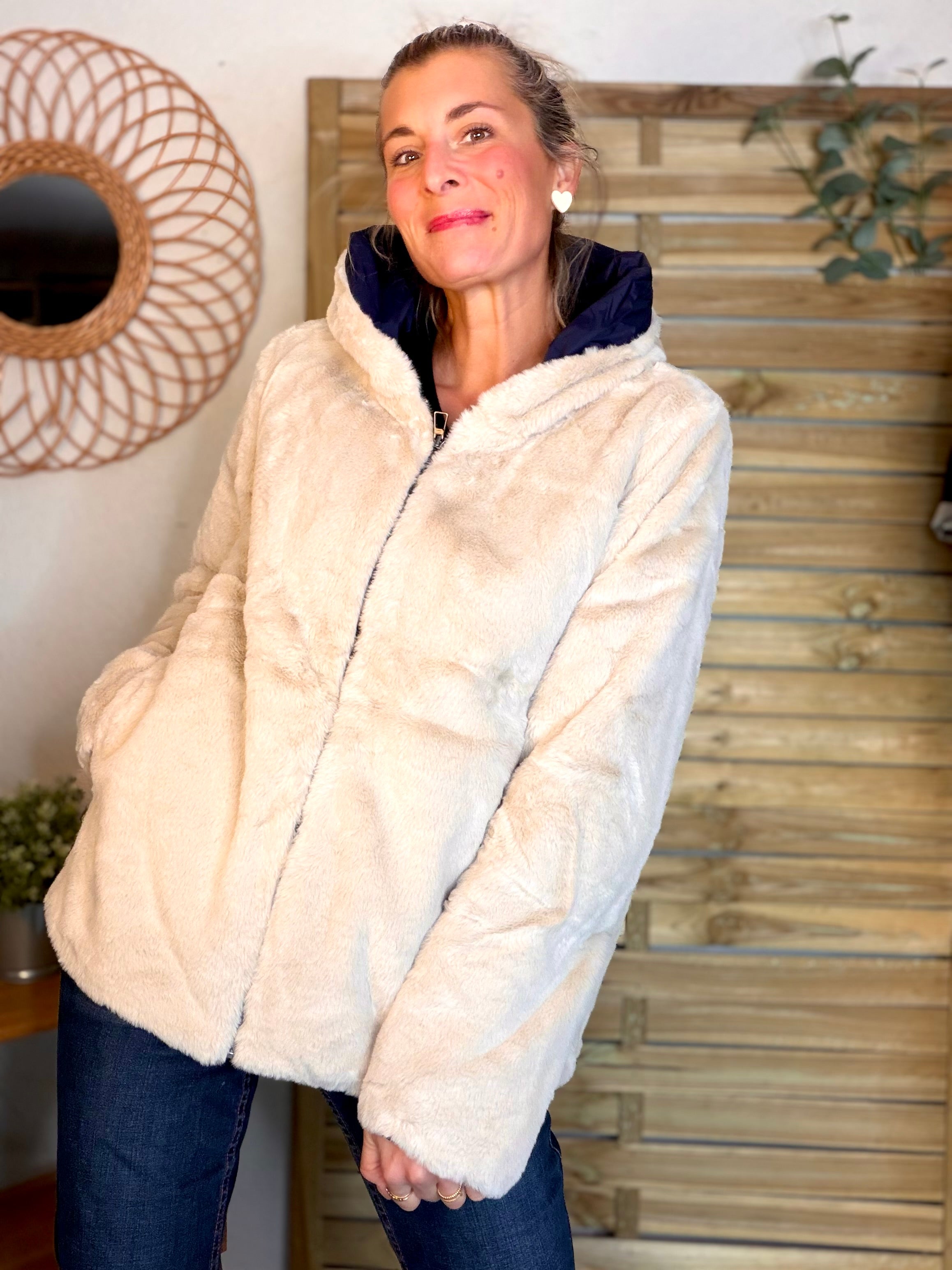 Parka Imperméable réversible fourrée Marine / Beige ALIX Court - LAURA JO