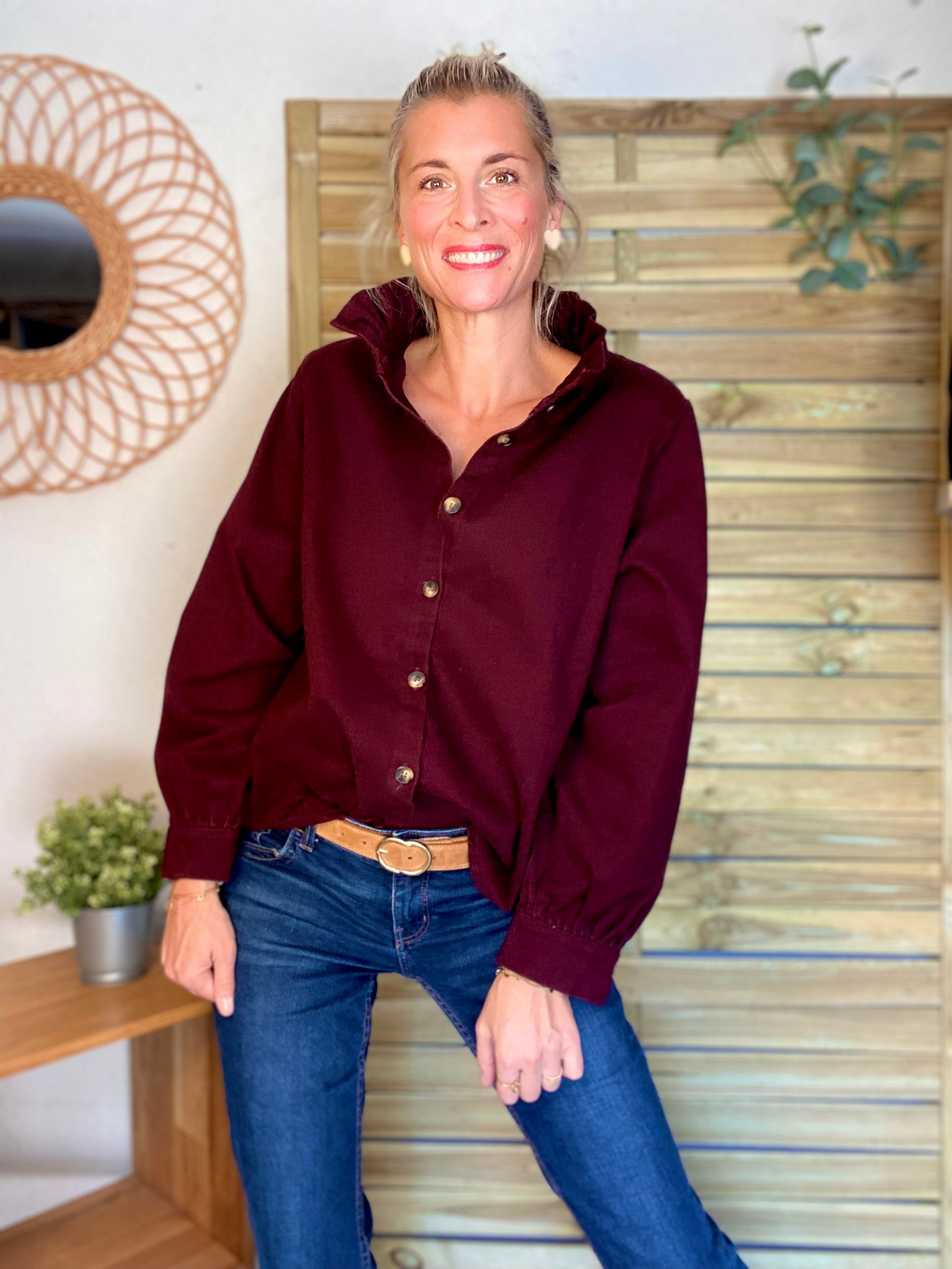 Veste / Chemise en coton, col victorien volanté LISA - Prune