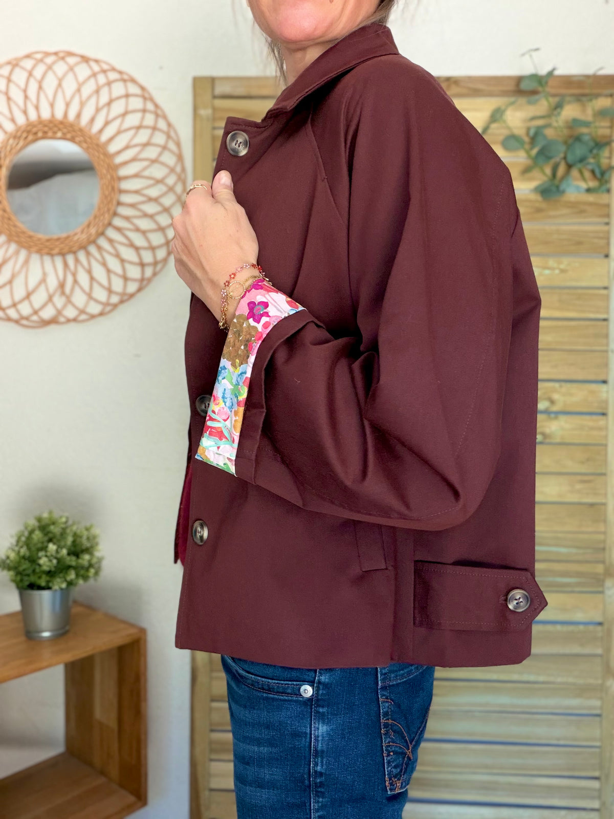 Veste Trench en coton Bordeaux fleuri - MAHAUT - LILI et LALA