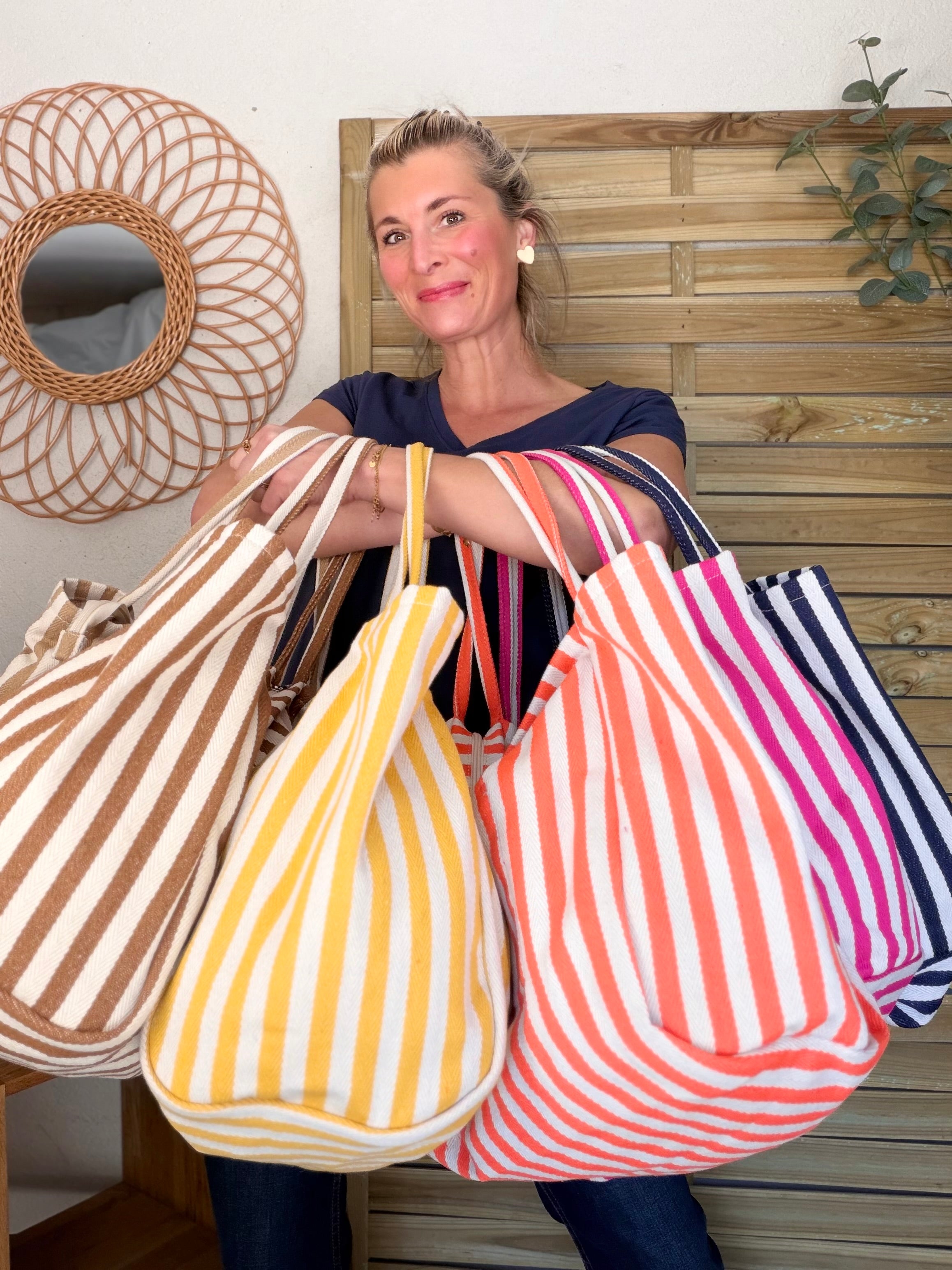 Sac cabas rayé avec fermeture zippée PAULA Bleu marine