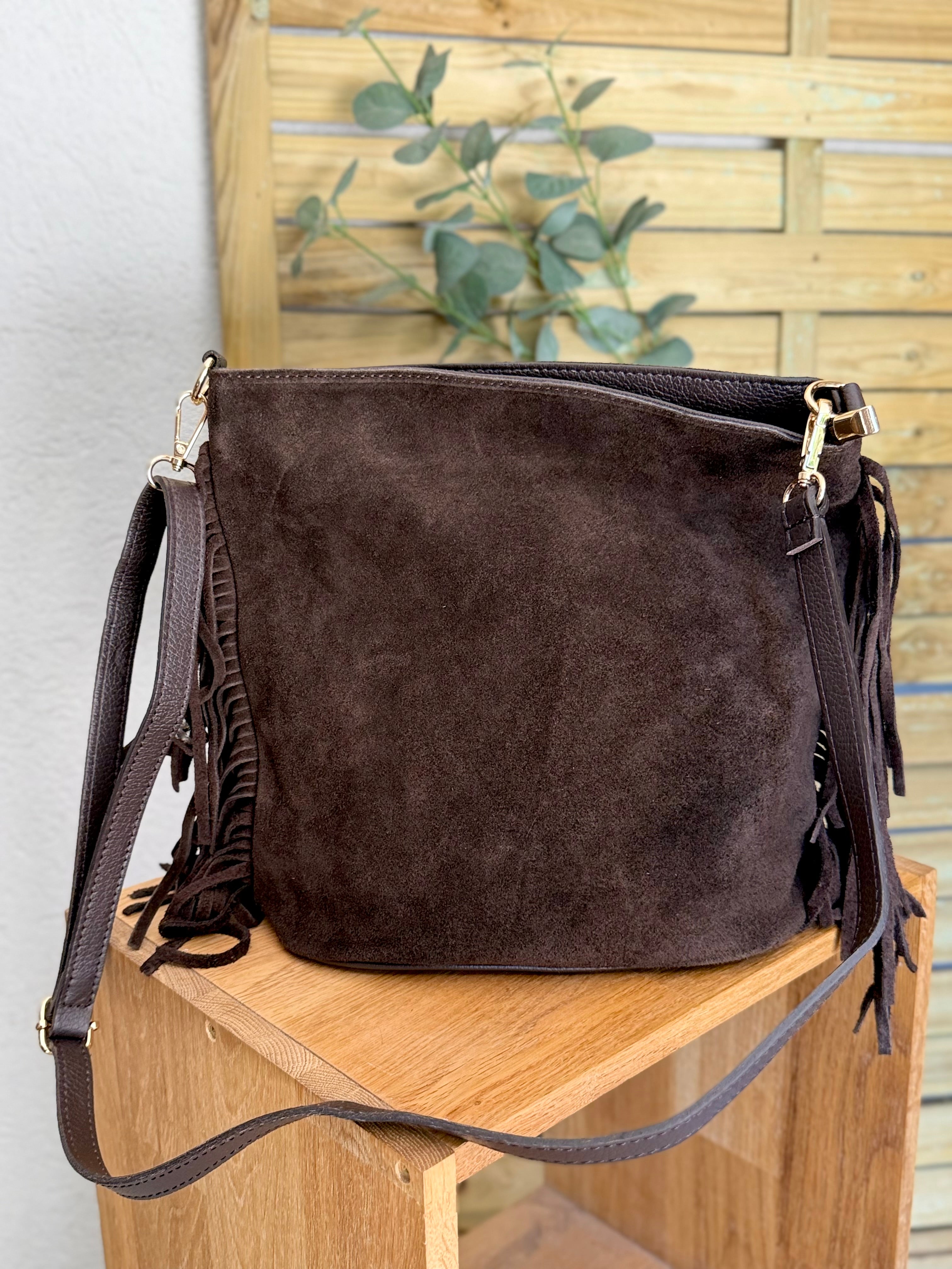 Sac seau en cuir daim avec franges KYLIE - Chocolat