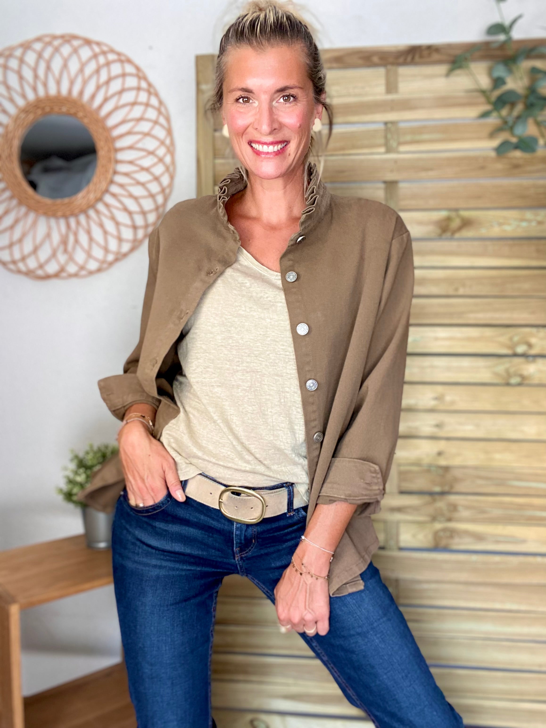 Veste / Chemise en coton, col volanté Camel foncé LISON