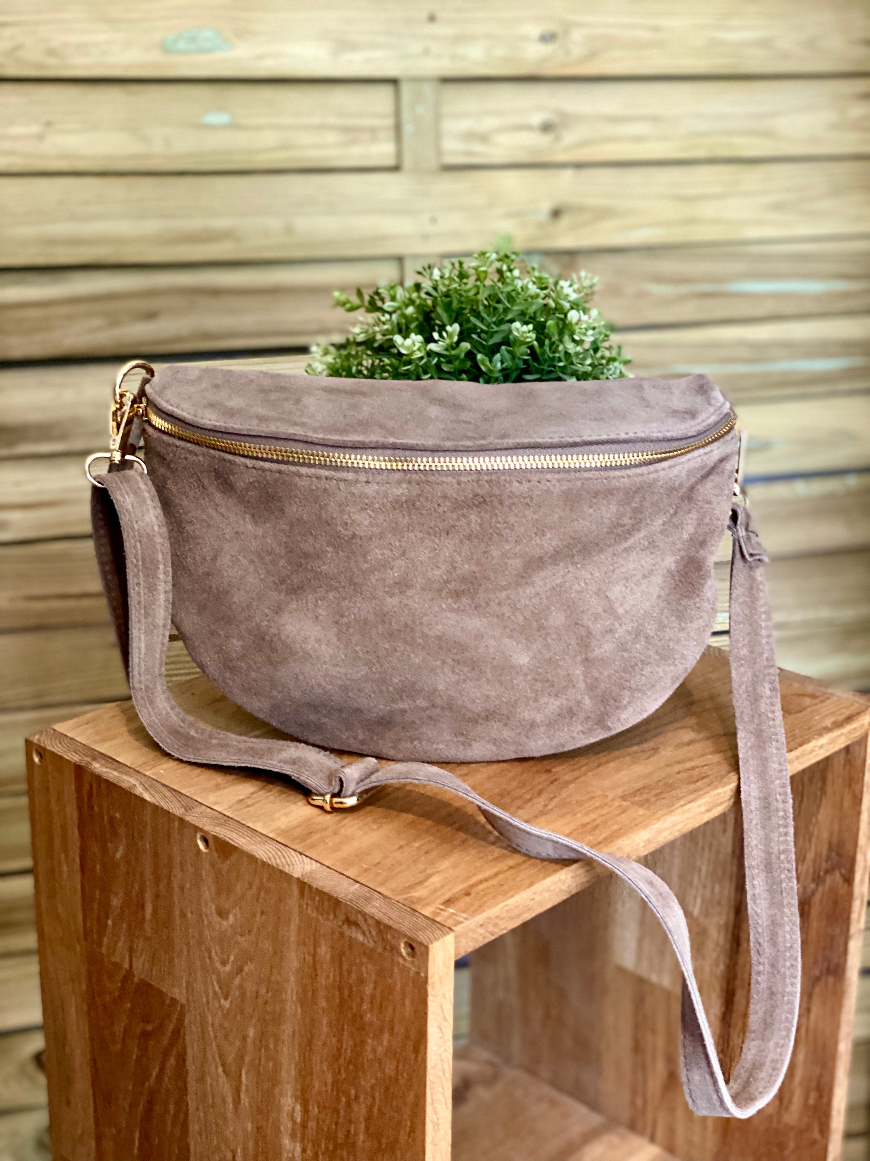 Sac banane XL en cuir velours 30cm JUDY - Taupe (7 coloris)