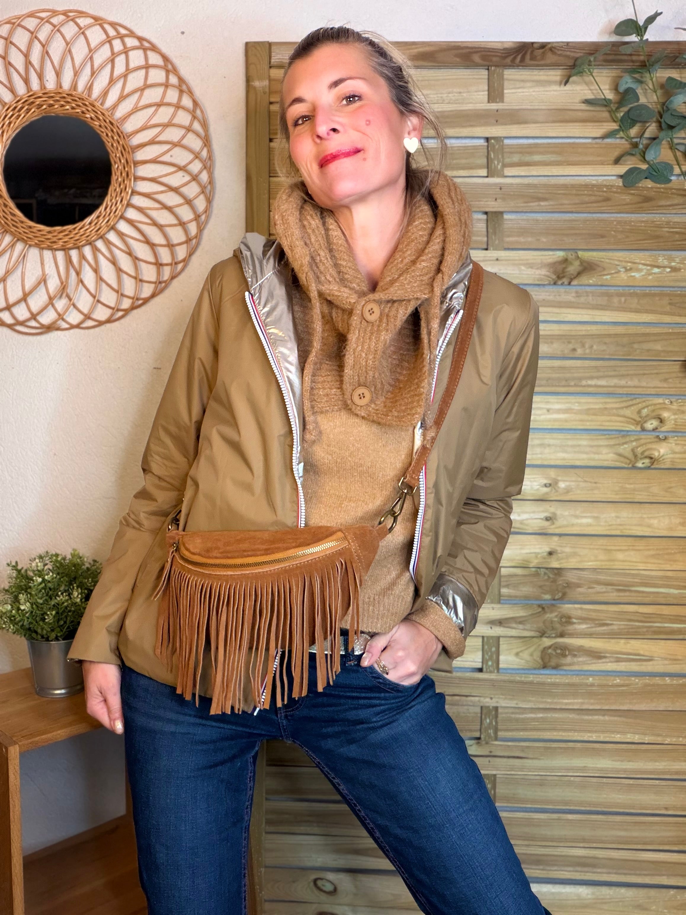 Col cagoule LORIE en maille avec bouton - Camel