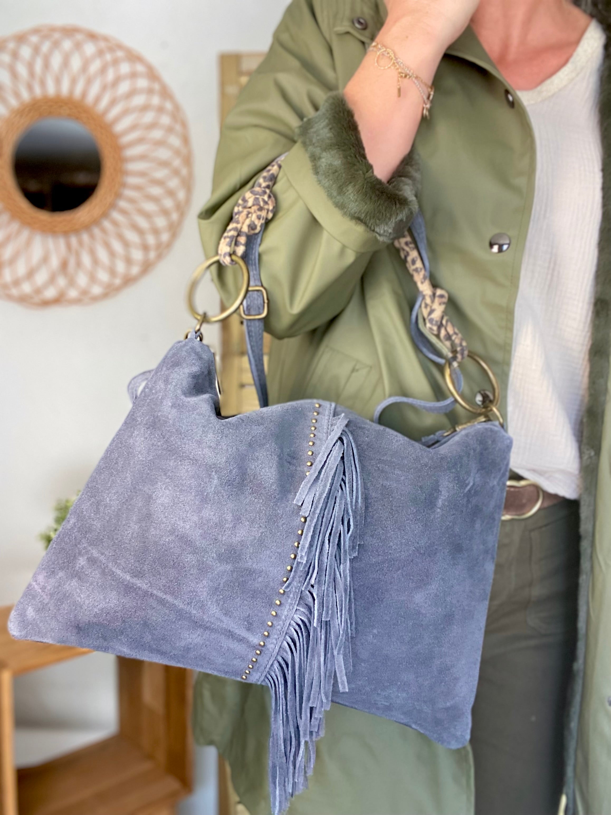 ⚡️PÉPITES FRIDAY - Sac en cuir daim 2 bandoulières (Léo et gris) - Gris foncé - BROOKLYN