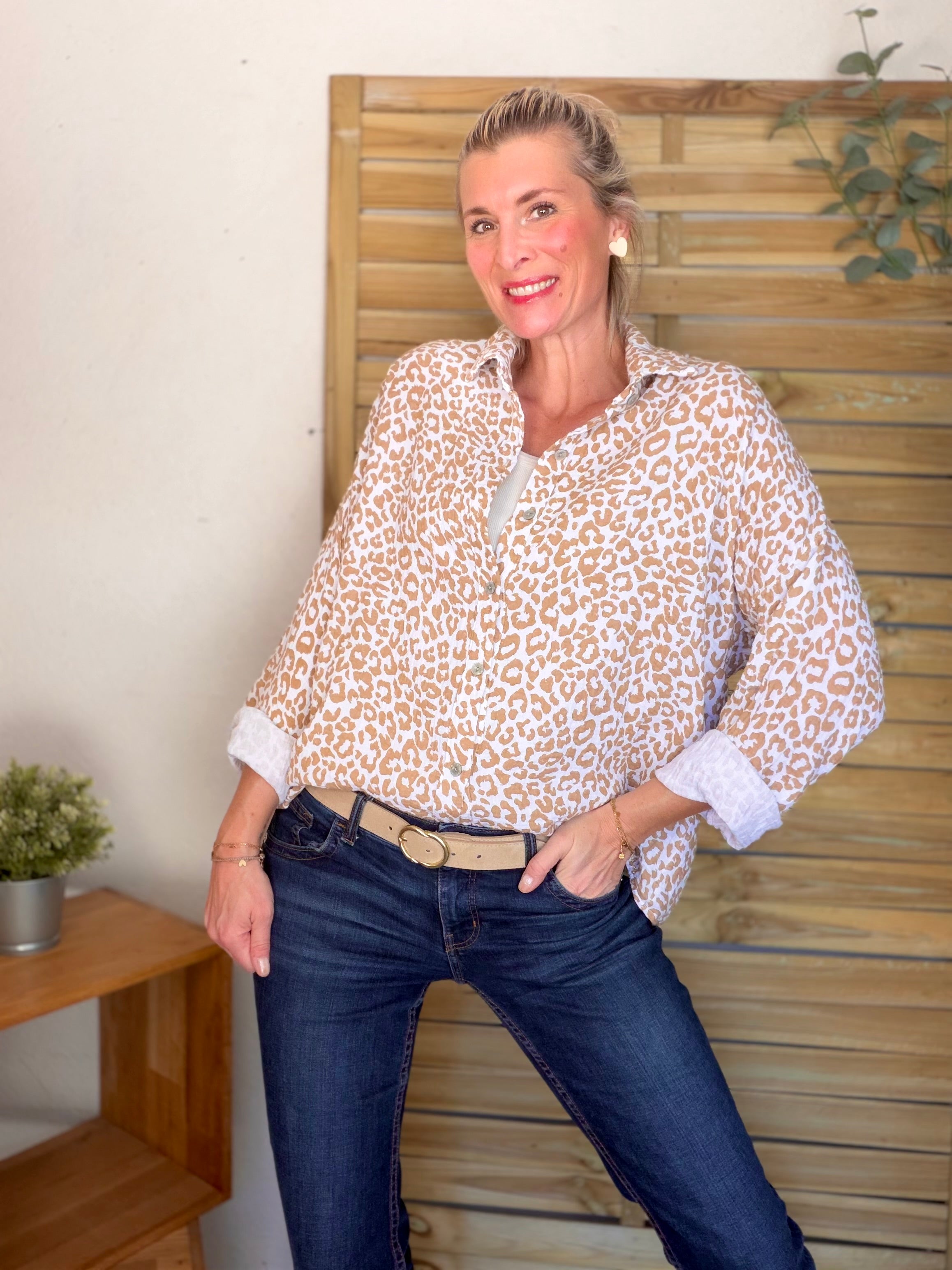 Chemise en gaze de coton imprimé Léo MARCIA - Camel