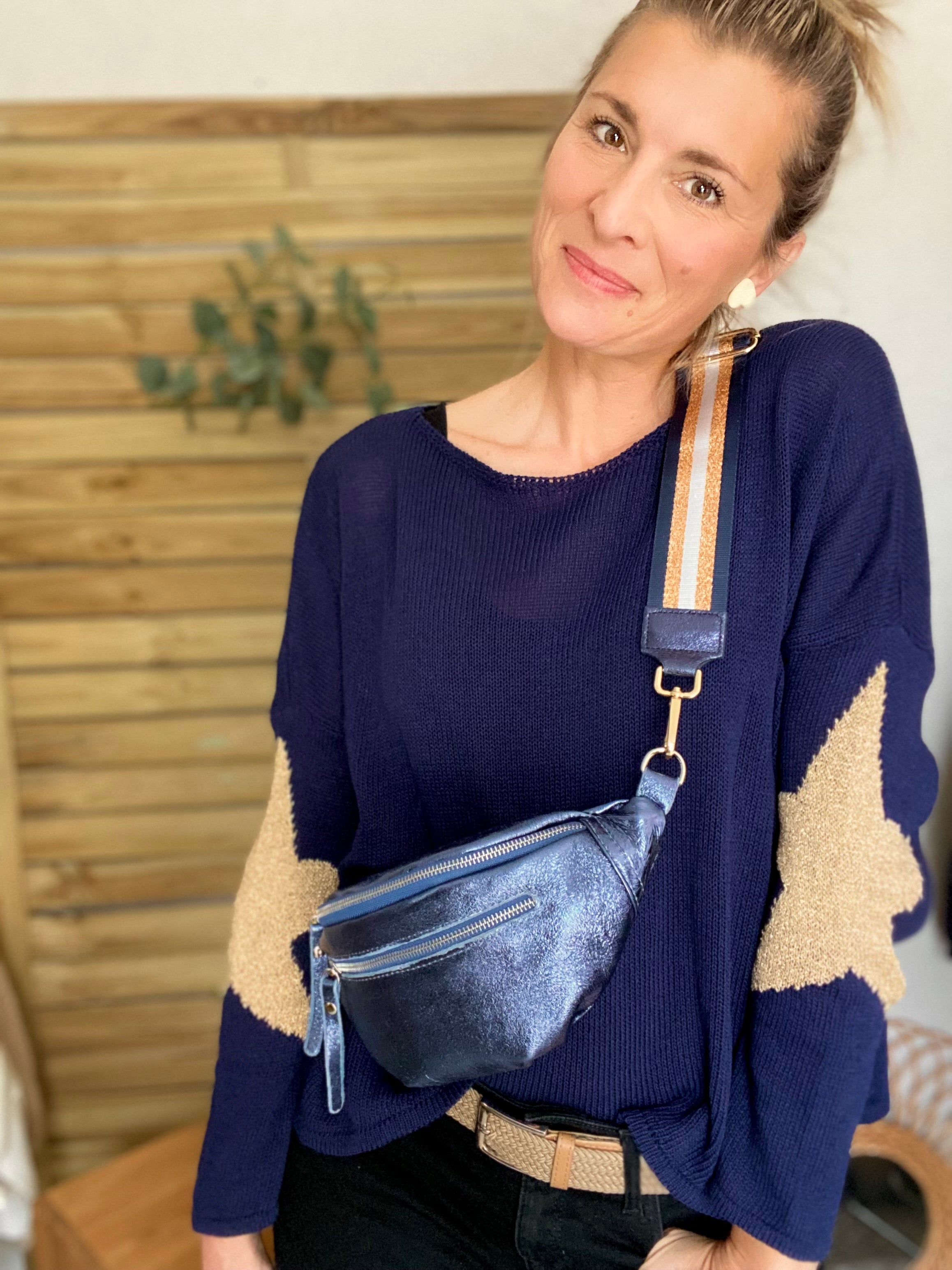 Sac banane en cuir irisé double poche - OPALE  - Bleu jean