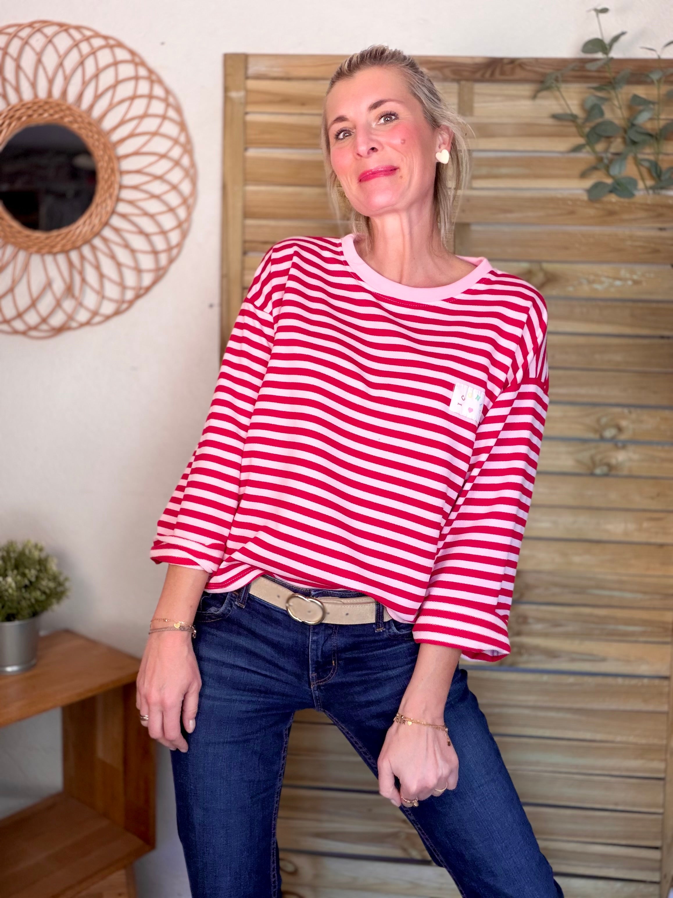 Sweat fin rayé ample Iconic CORALIE - Rouge / Rose