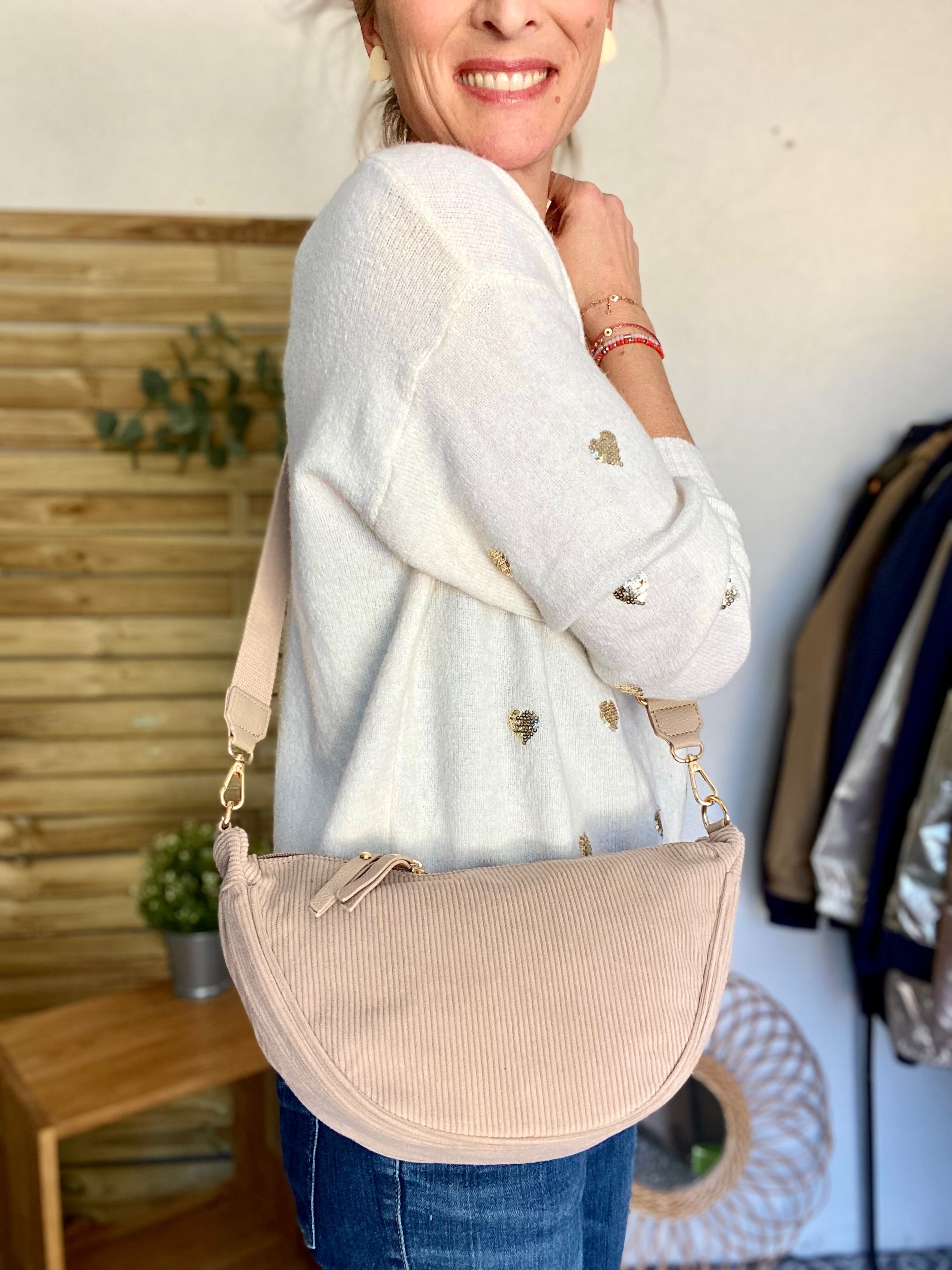 Sac besace demi-lune XL velours côtelé - AMY - Beige moyen