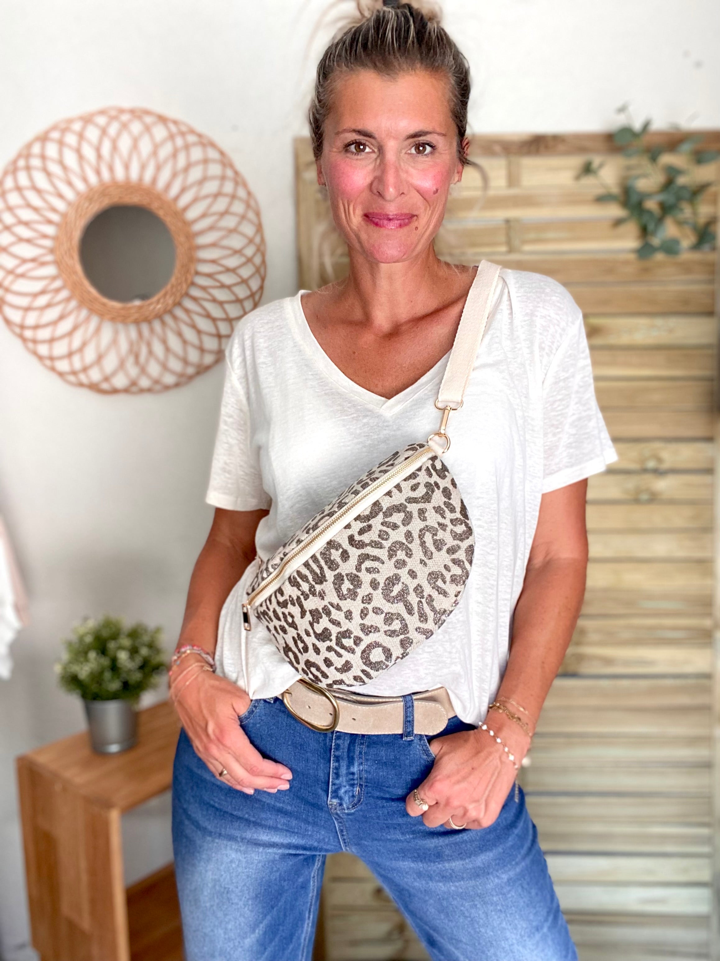 Sac banane L en toile léo Taupe pailleté - SHARON