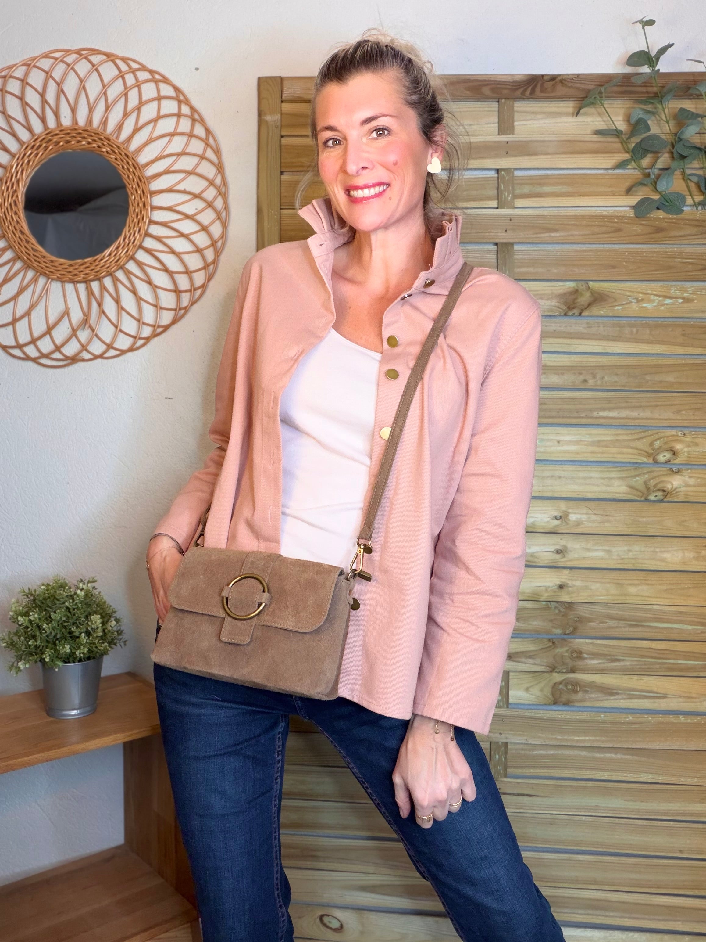 Sac bandoulière en croute de cuir BLAKE - Taupe