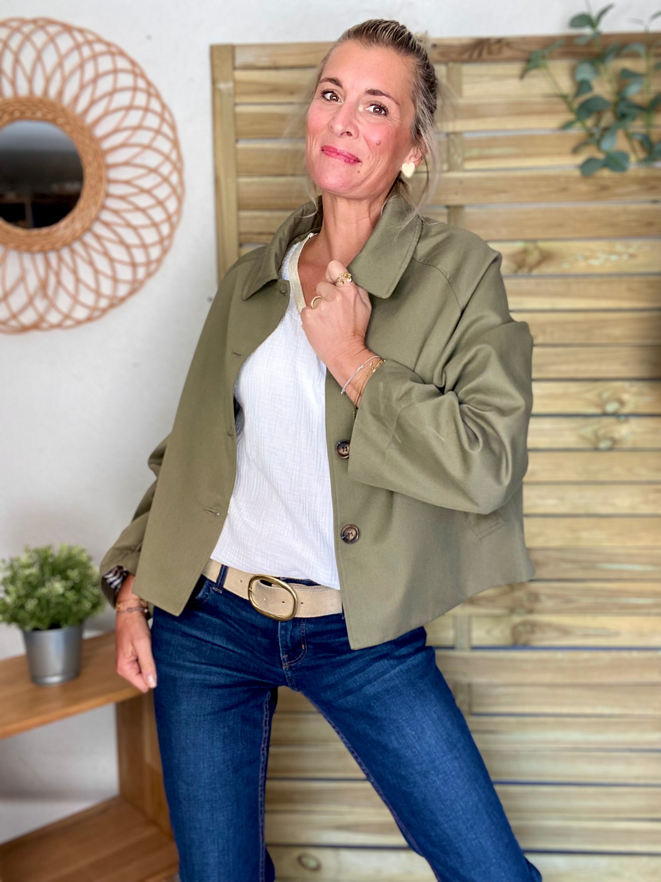 Veste Trench en coton avec vichy - YSEULT court Kaki