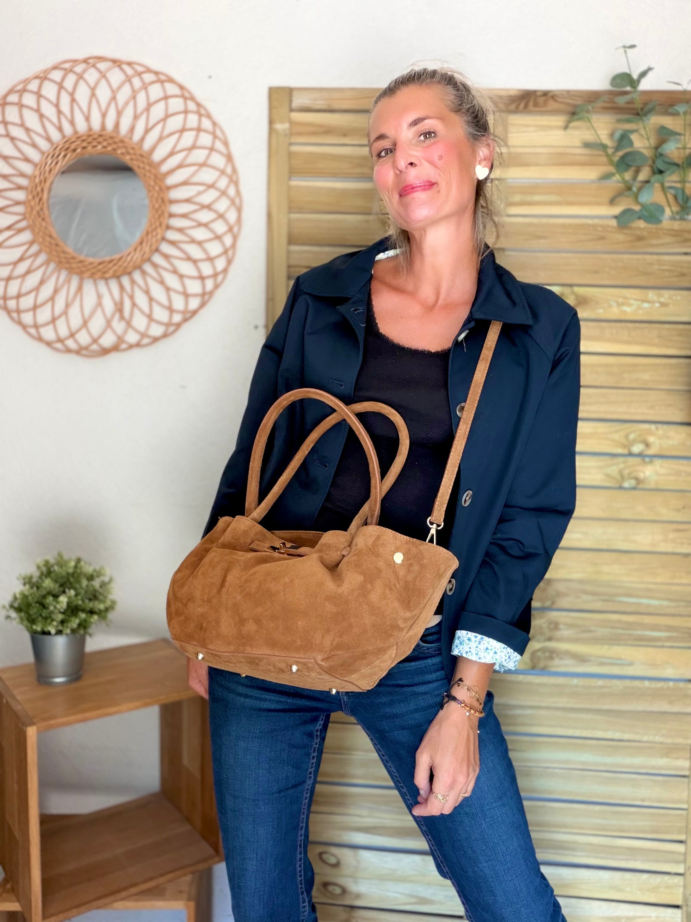 Sac cabas en cuir daim HANA - Camel