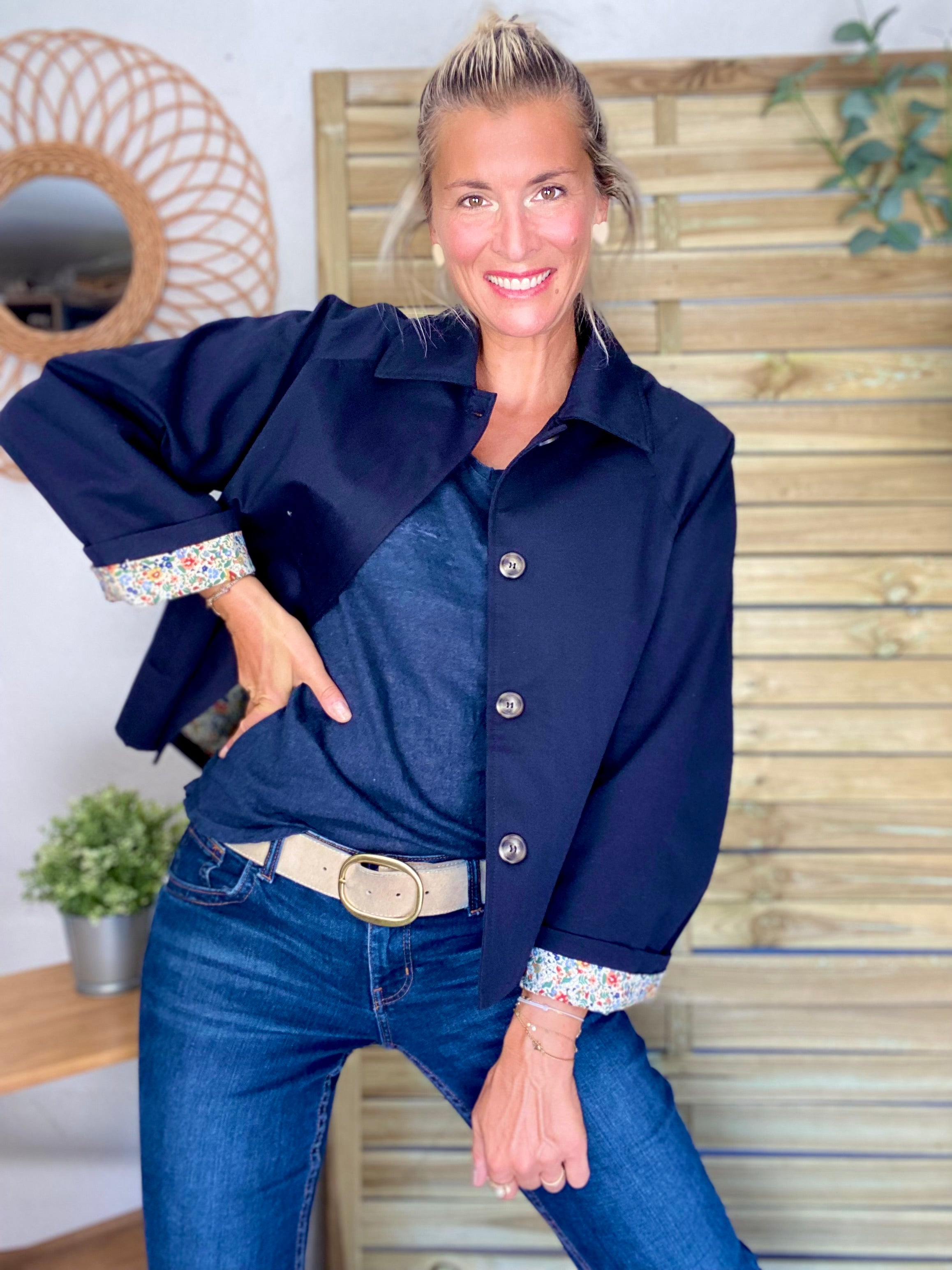 Veste Trench en coton bleu marine avec Liberty - MAHAUT
