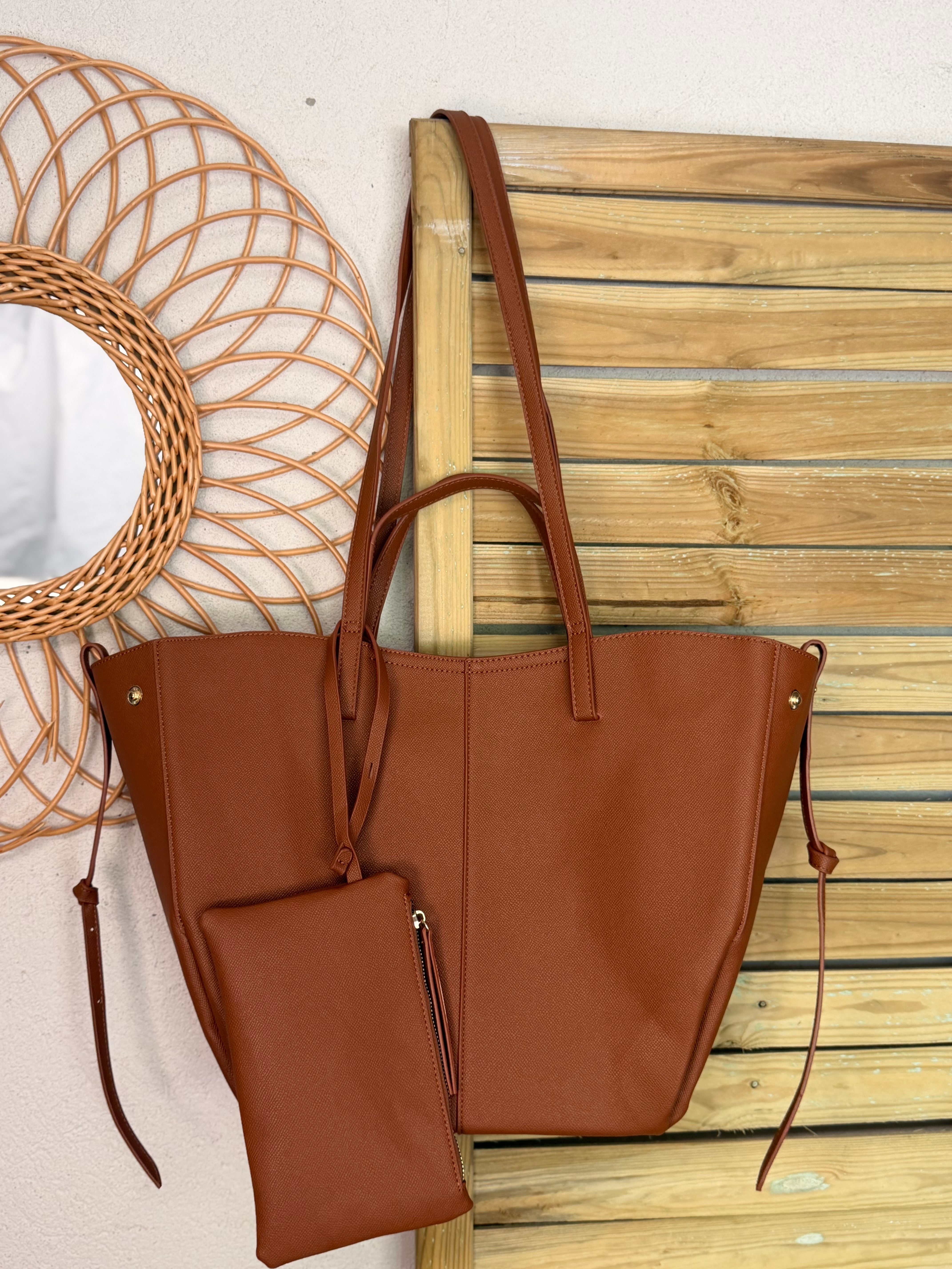 Grand Sac cabas 2 en 1 en simili cuir grainé - PAULE Camel