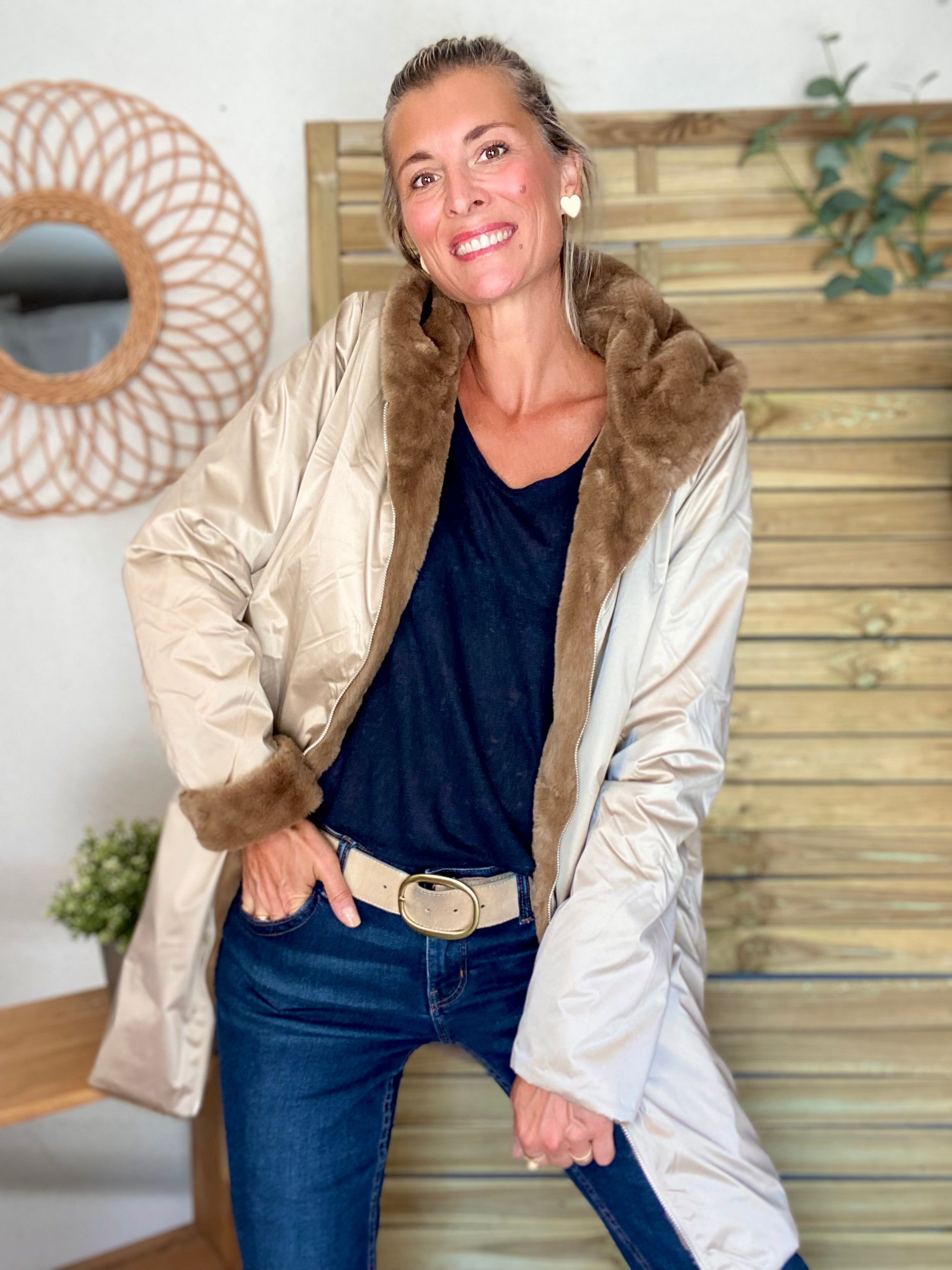 Parka Imperméable réversible fourrée Sable irisé / Camel ALIX - LAURA JO
