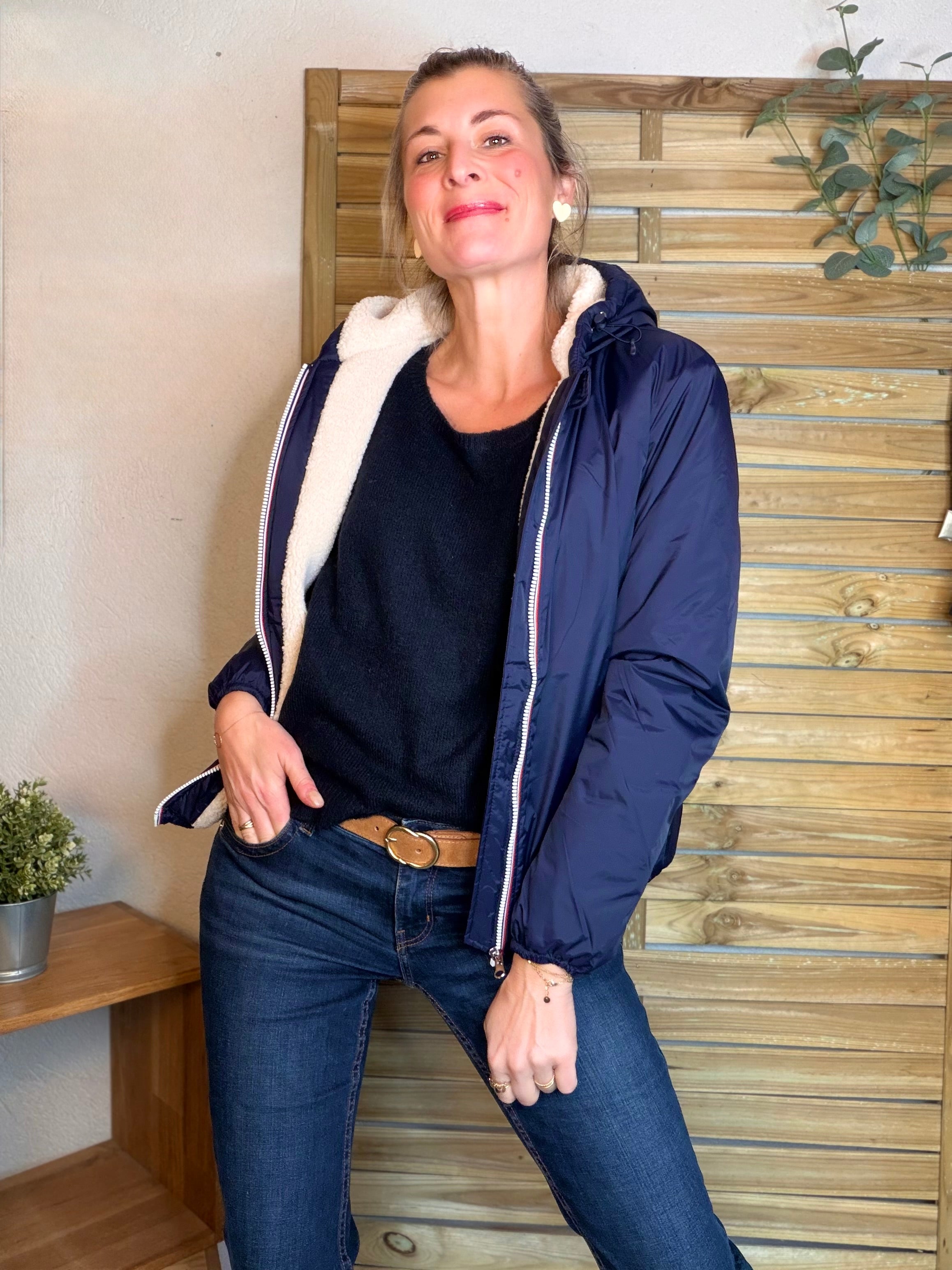 Parka Imperméable LOUISE COURT sherpa - Bleu marine - LAURA JO (DÉSTOCKAGE Taille L)