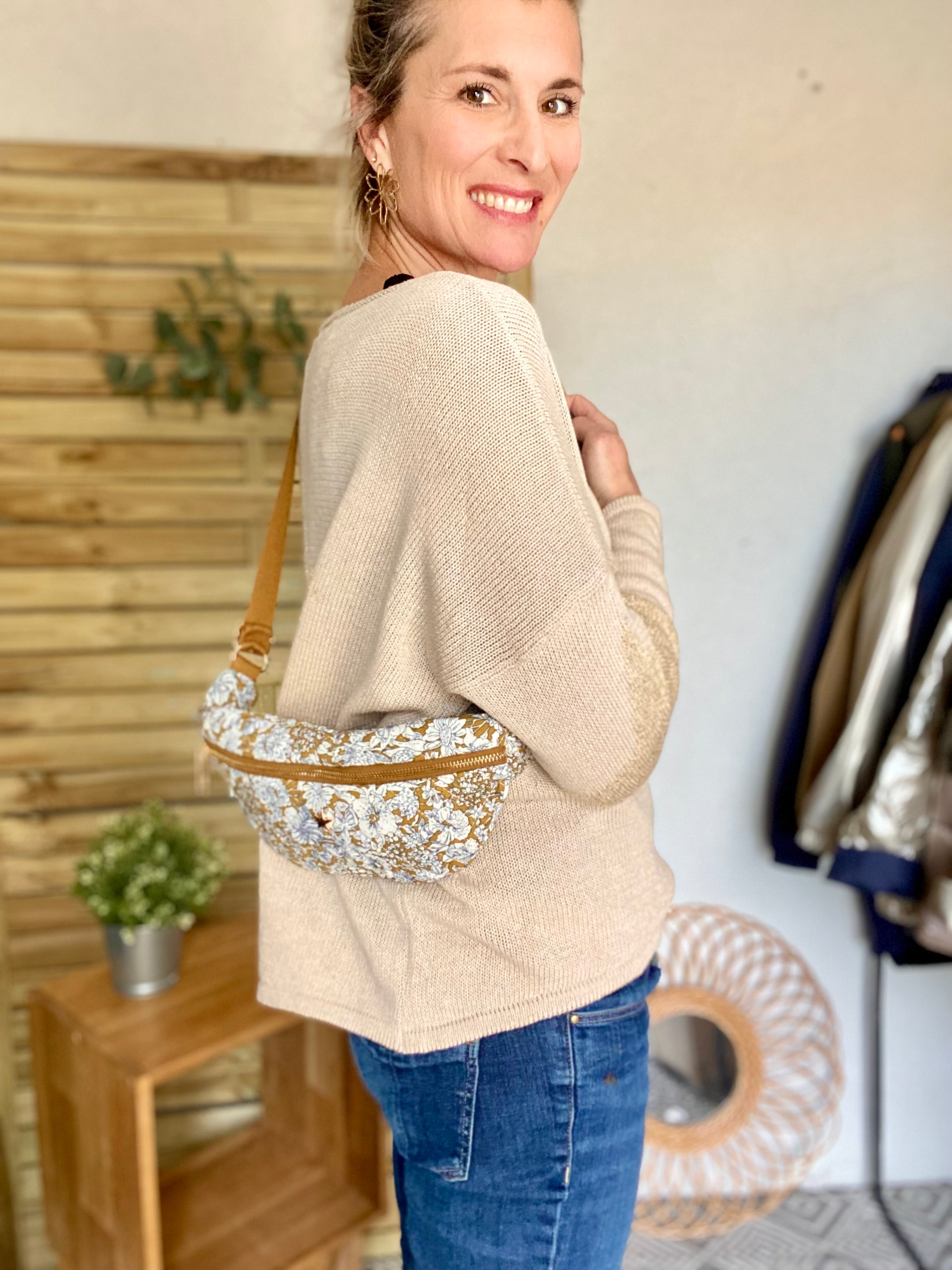 Sac banane M…ini - coton matelassé - JILL - Ocre fleuri