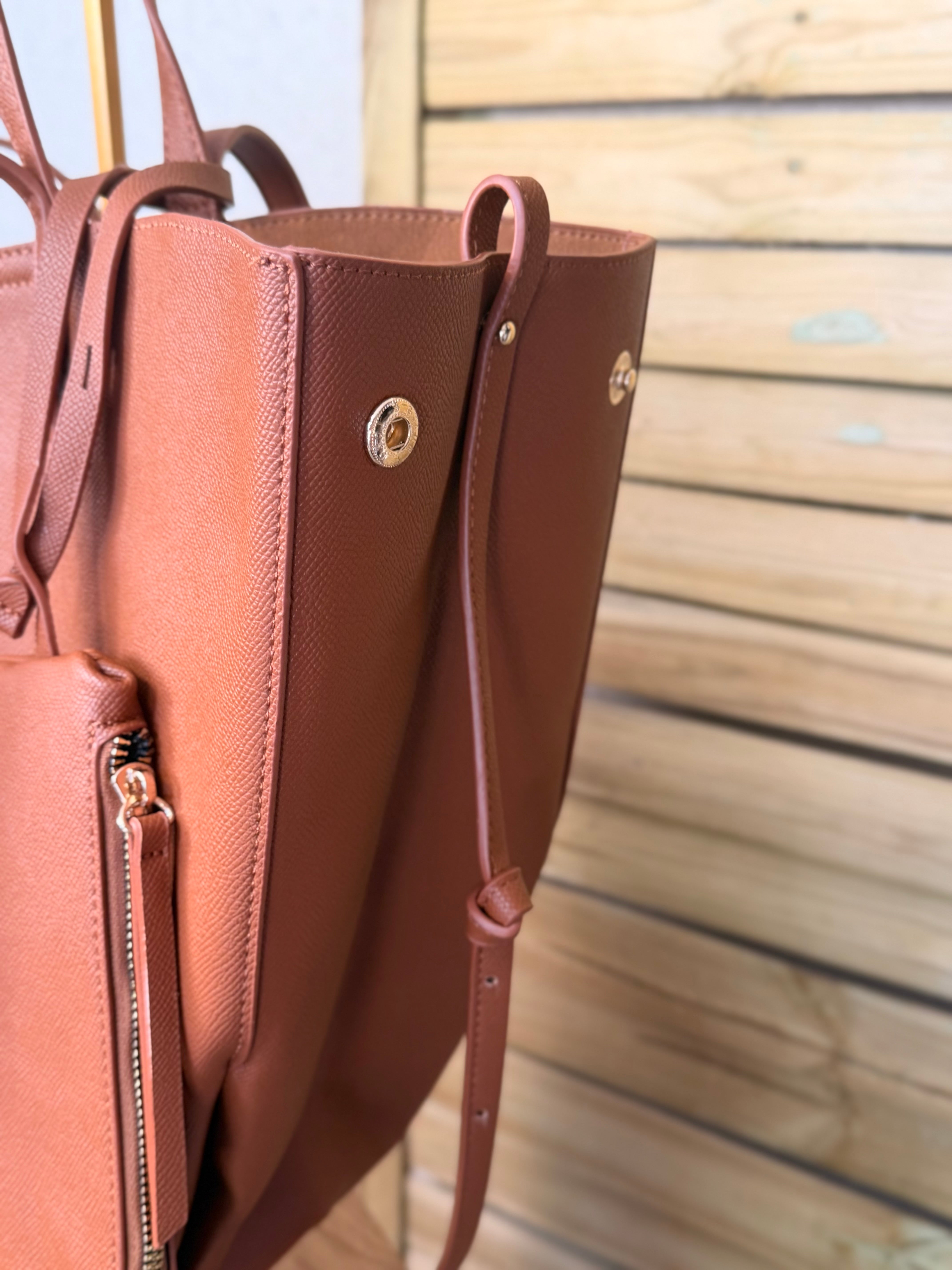 Grand Sac cabas 2 en 1 en simili cuir grainé - PAULE Camel
