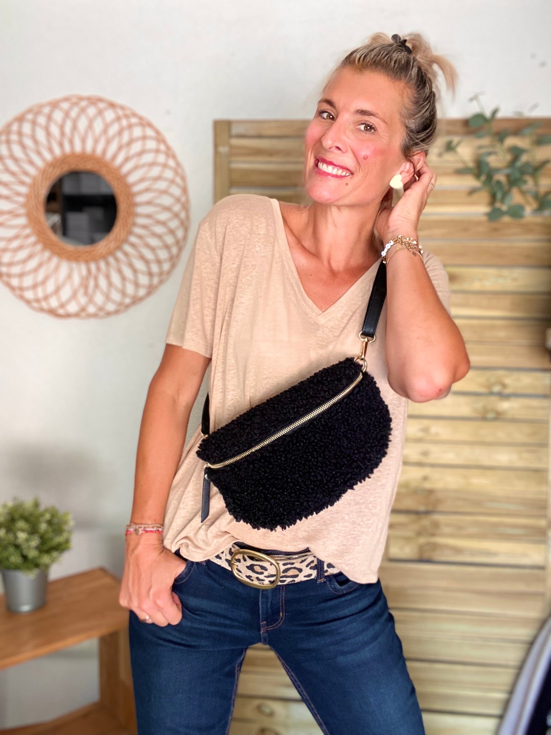 Sac banane Moumoute et cuir CARRY -  Noir