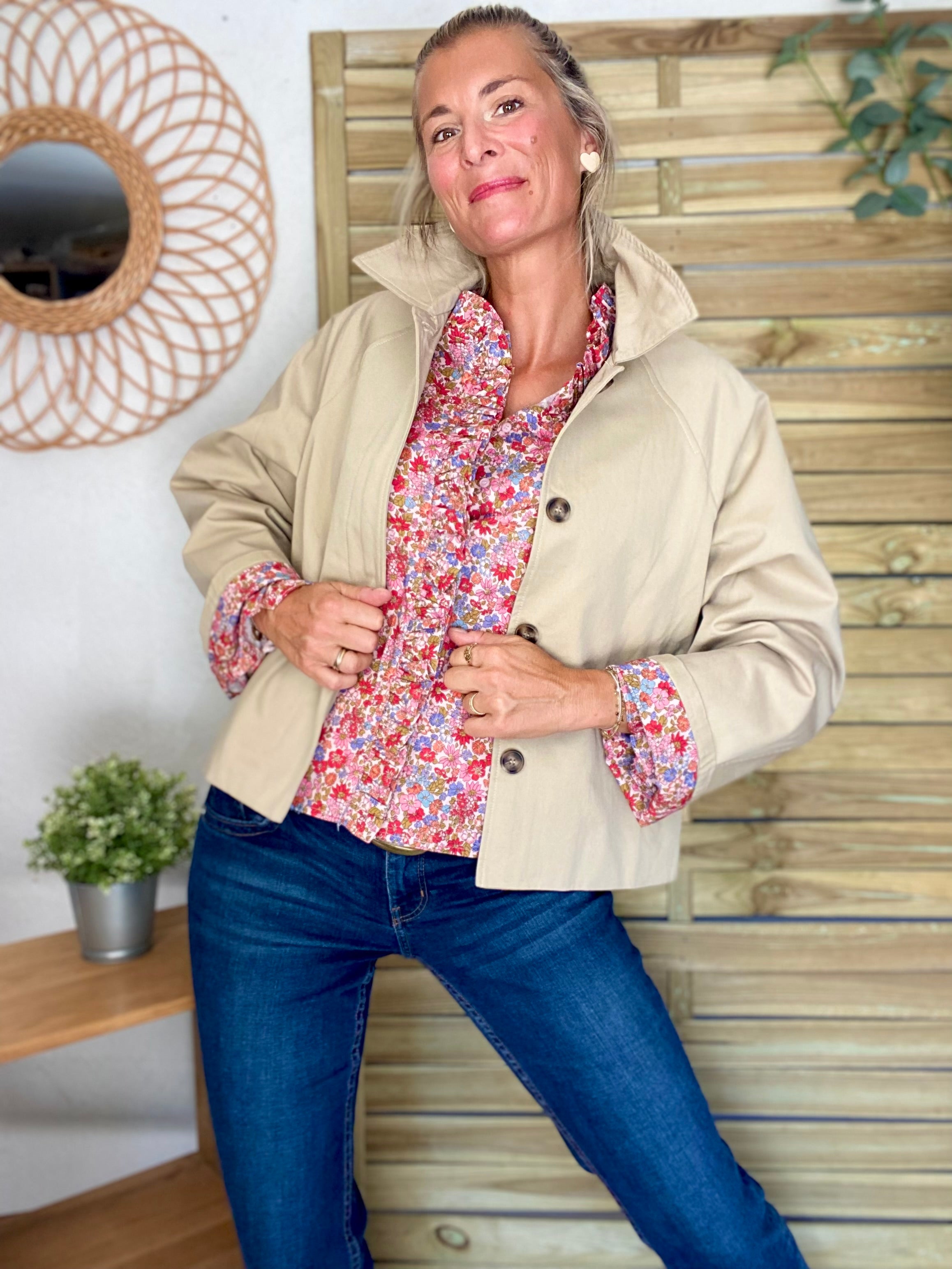 Veste Trench en coton beige avec Liberty - MAHAUT