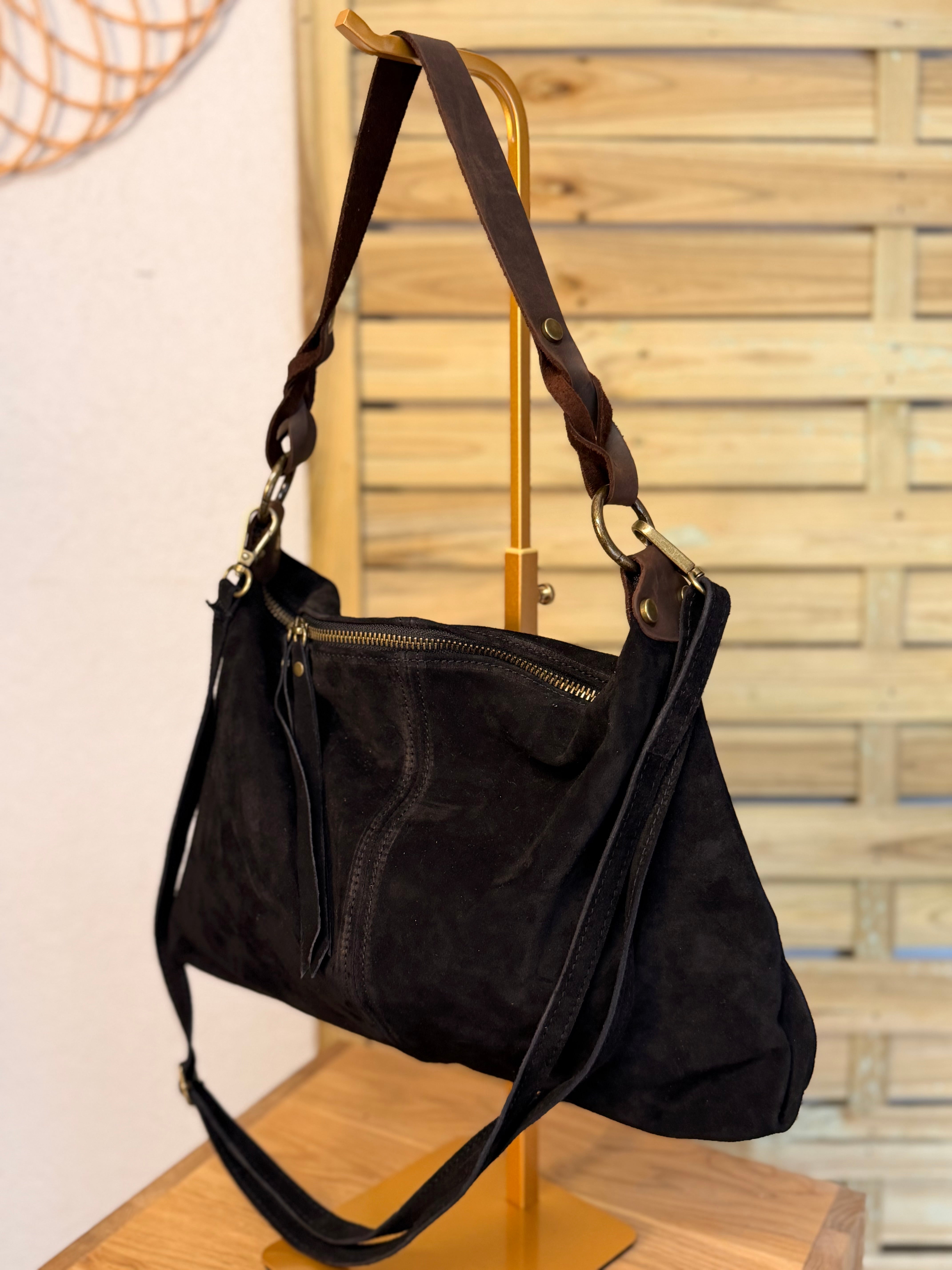 Sac hobo en cuir daim souple, double bandoulière ANDREW Noir