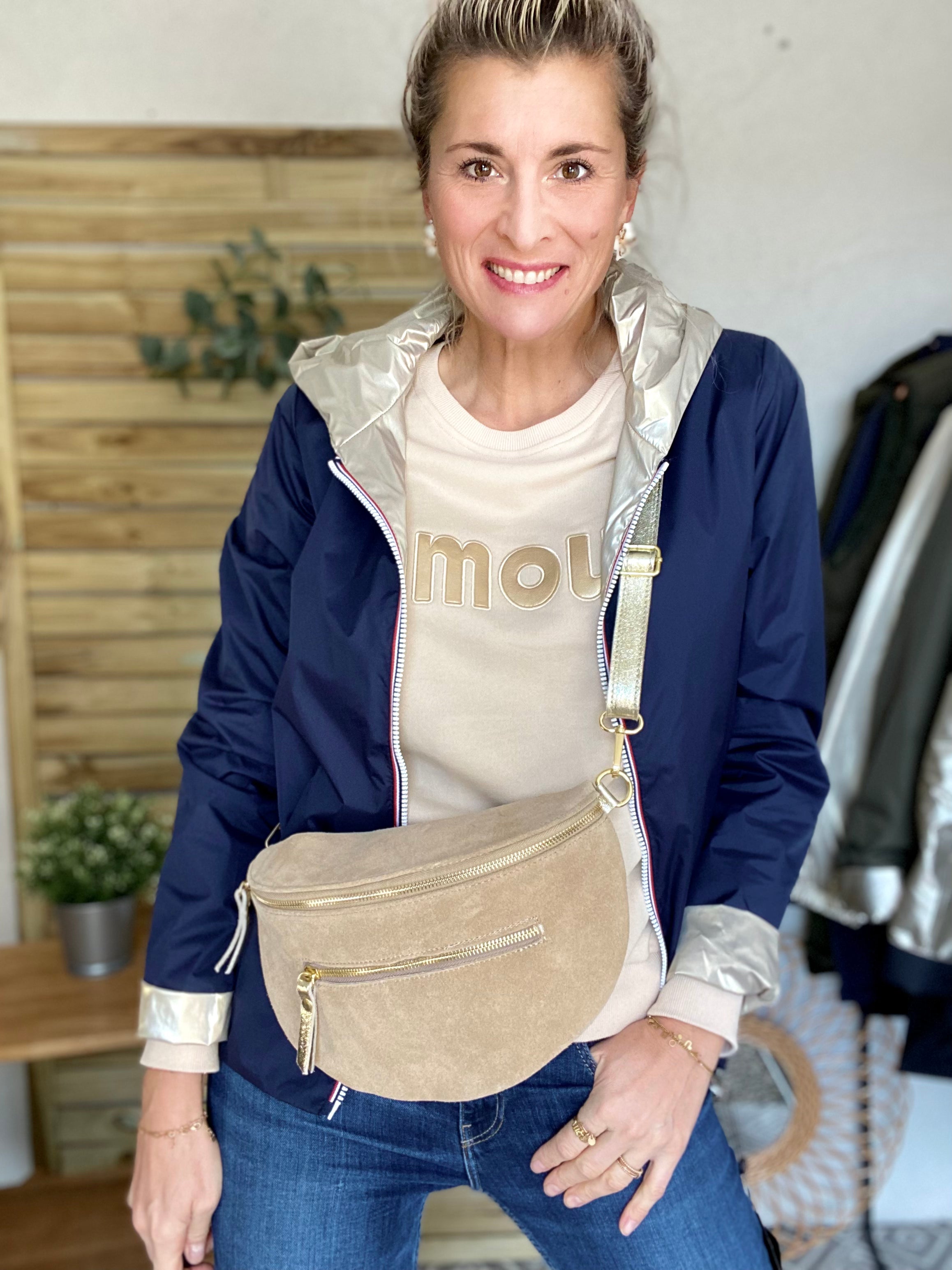 Sac banane XL 2 zips en cuir velours et irisé 30cm TERRY - Beige (4 coloris)