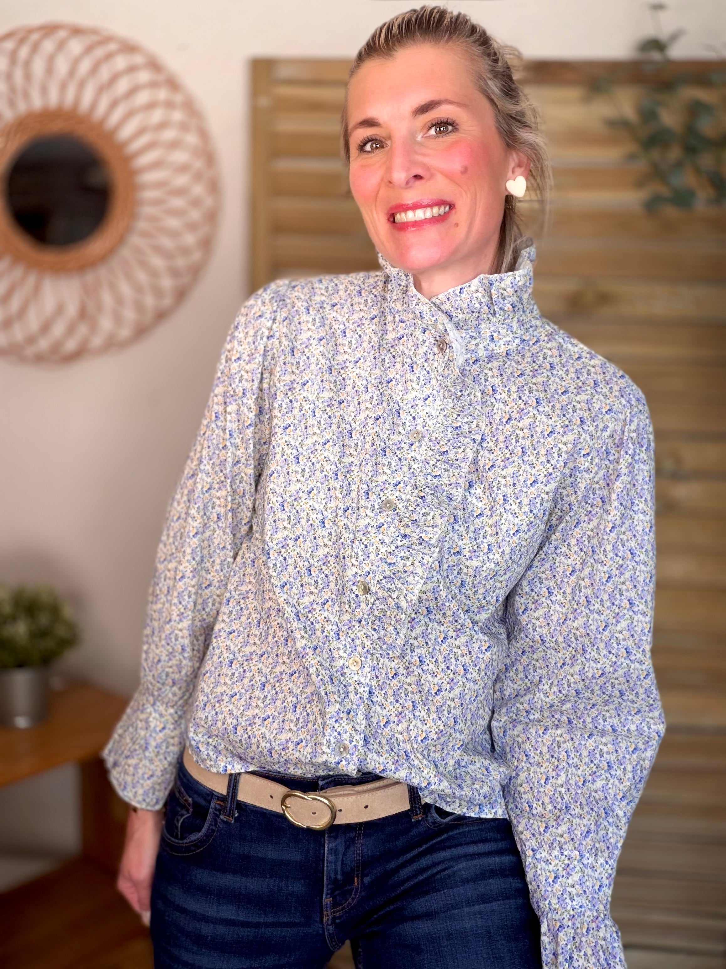 Chemise imprimée Liberty col volanté HÉLOÏSE - Bleu