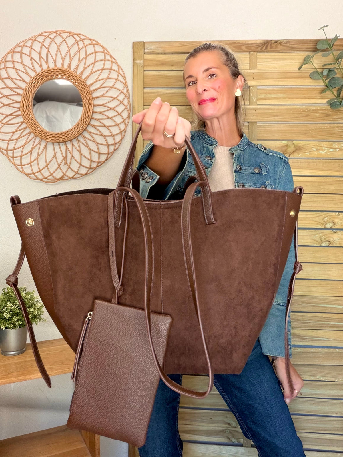 Grand Sac cabas 2 en 1 en simili daim - PAULE Chocolat