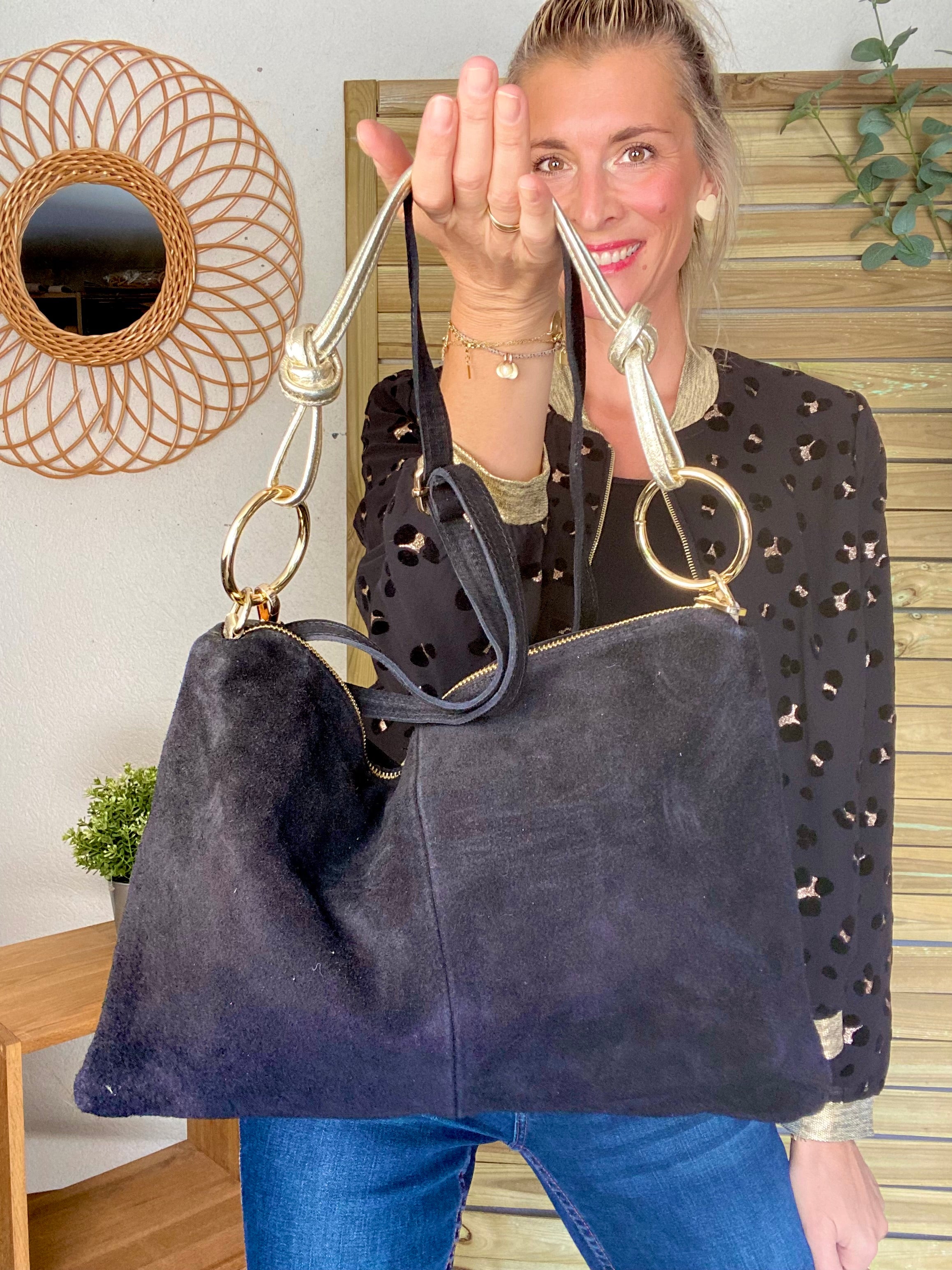 ⚡️PÉPITES FRIDAY - Sac en cuir daim 2 bandoulières (or et noir) - Noir - PACEY