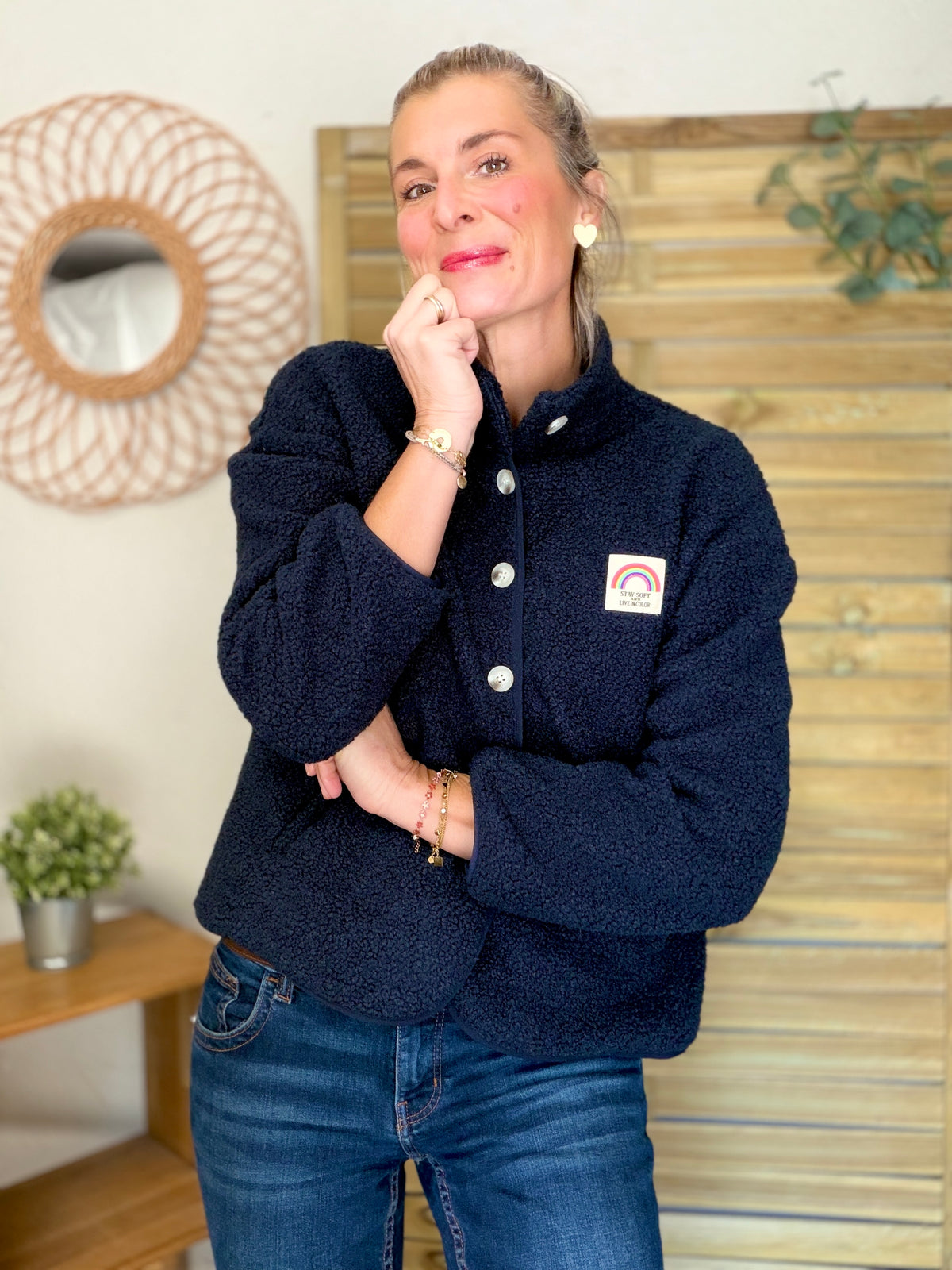 Veste Sherpa boutonnée écusson Arc-en-ciel ÉNORA Bleu marine