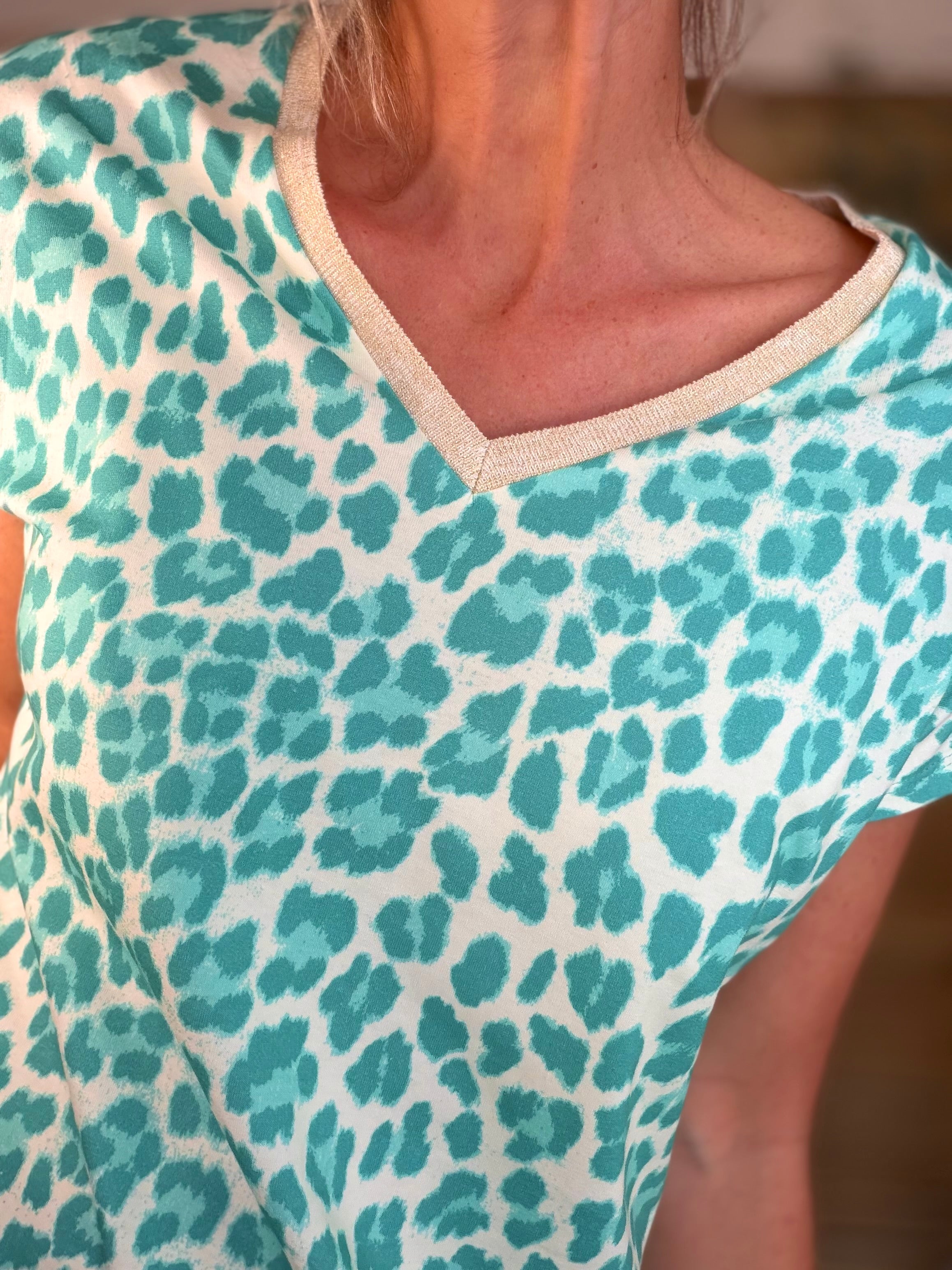 Top imprimé Léo col V lurex MIRTA - Turquoise