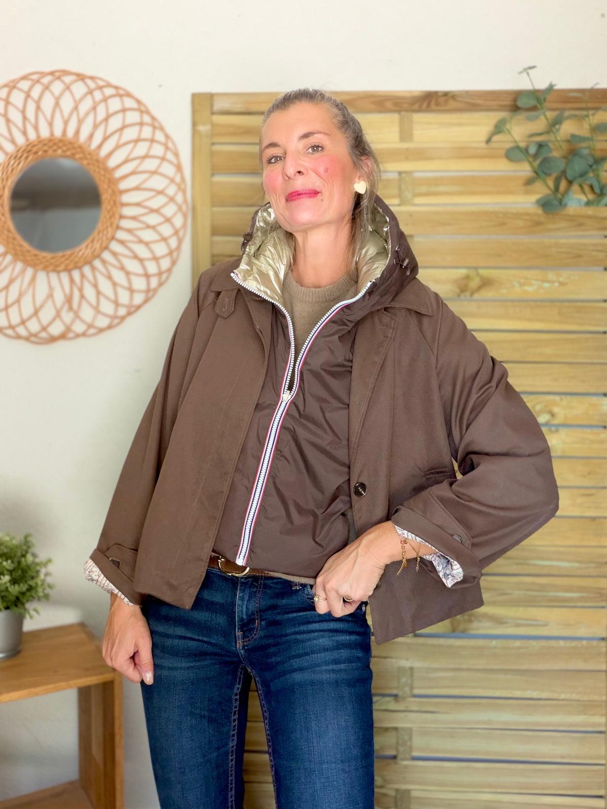 LAURA JO - Col capuche amovible réversible  DANY - Choco / Doré