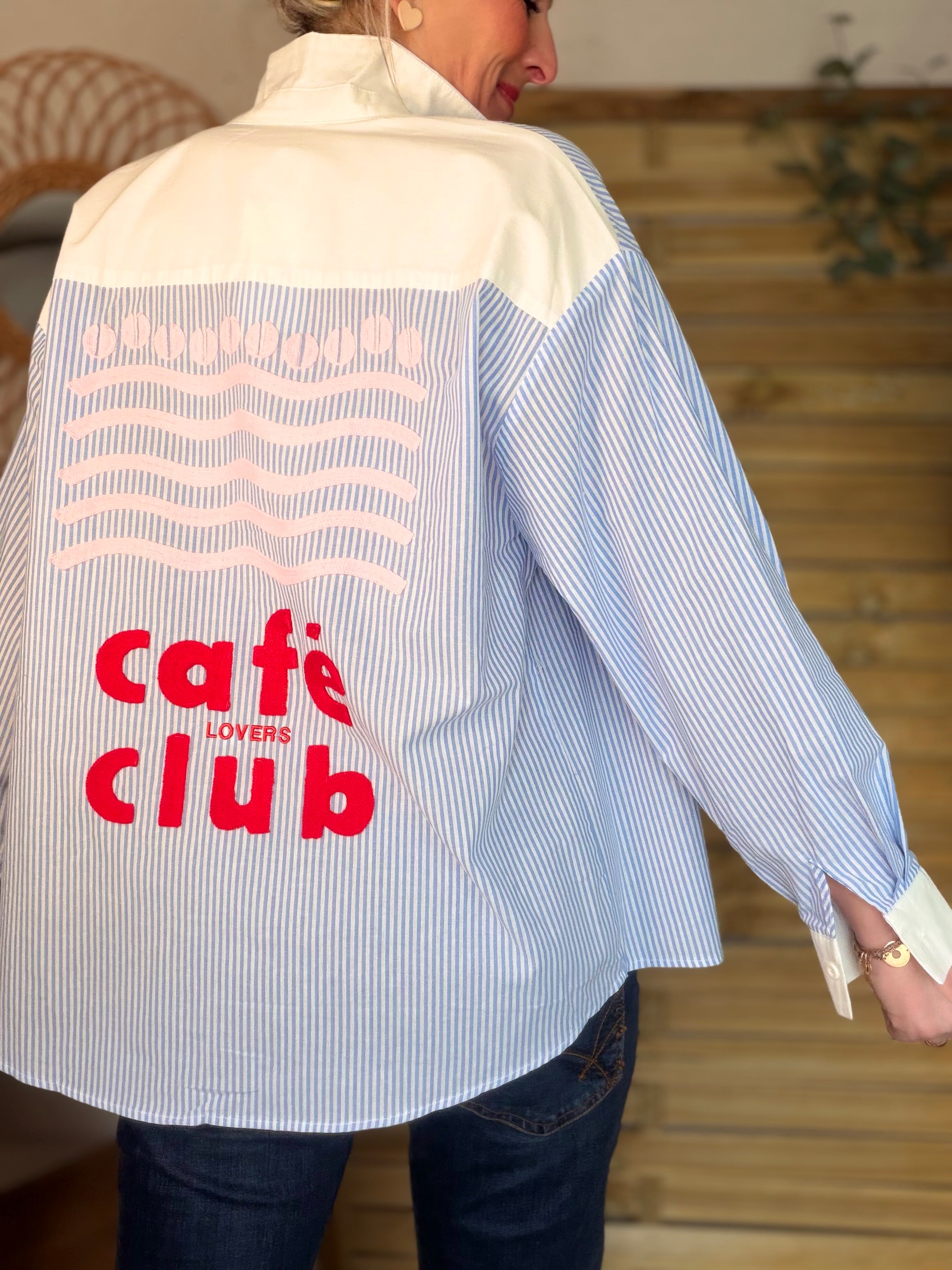 Chemise bleue rayée brodée CAFÉ LOVERS CLUB - ALIZÉE
