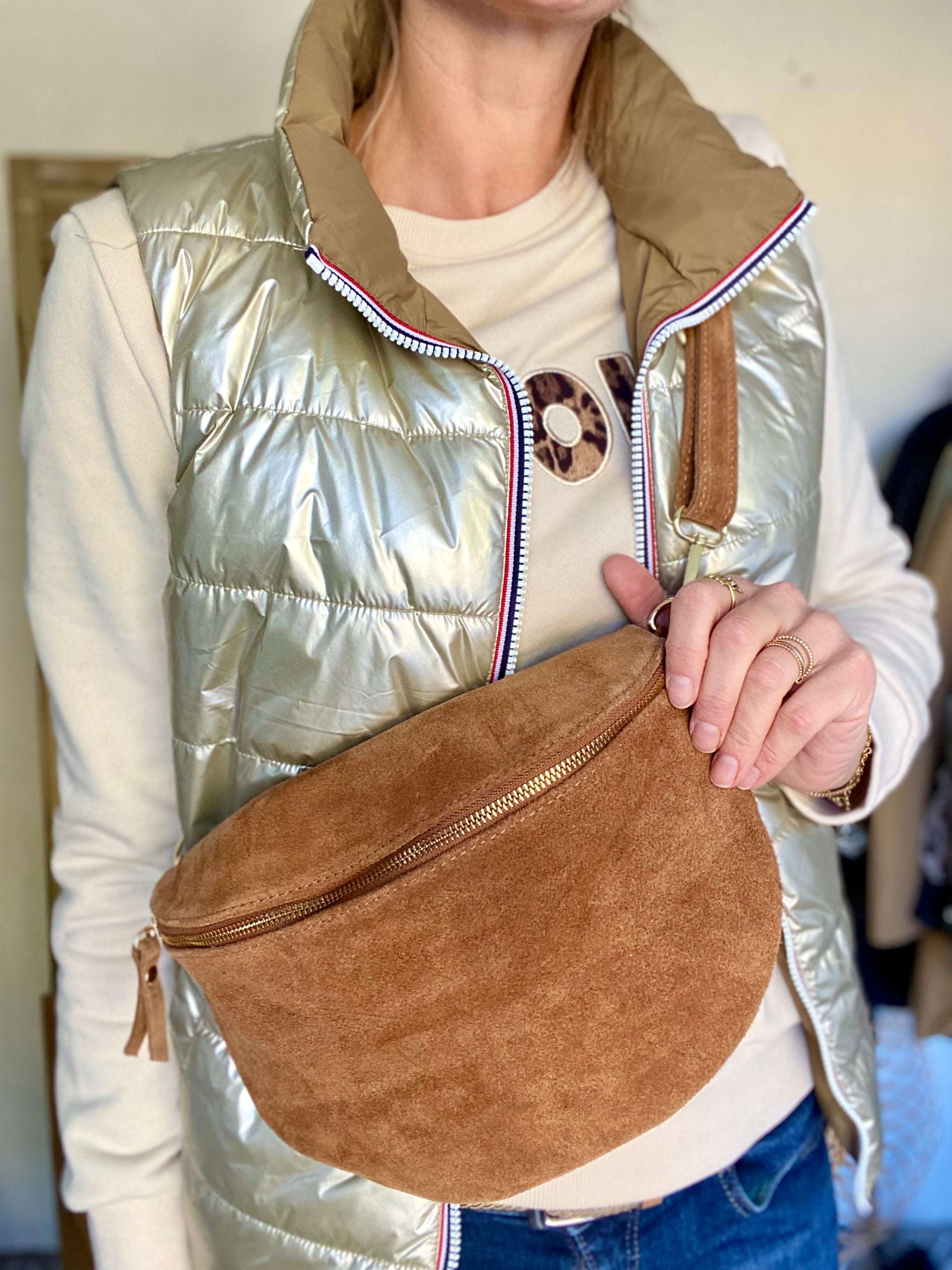 Sac banane XL en cuir velours 30cm JUDY - Camel (7 coloris)