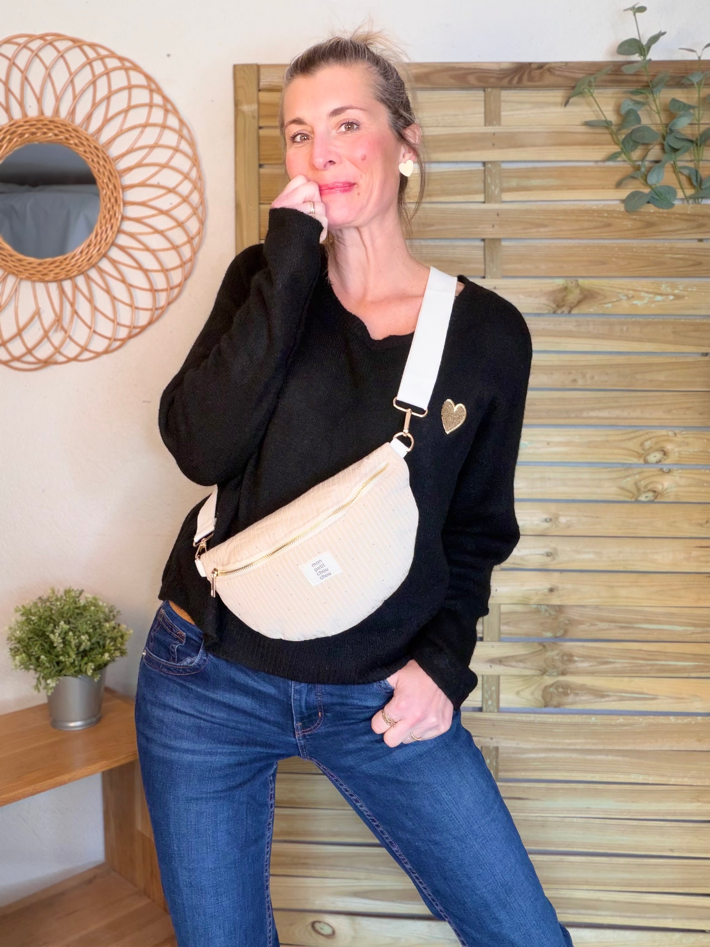 Sac banane avec strass BONNIE - Rayée beige